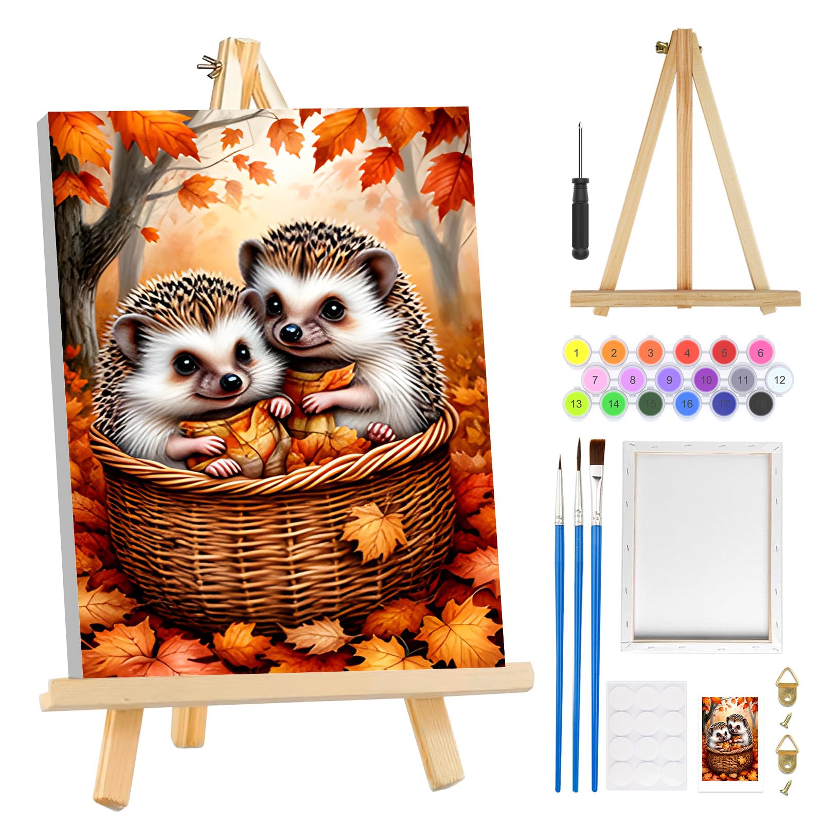 MOGTAA Autumn Paint by Numbers for Adults Beginners with Frame, Hedgehog Painting by Numbers for Adults with Easel, Easy DIY Oil Painting Kits Art Crafts for Home Decor, 8x12in