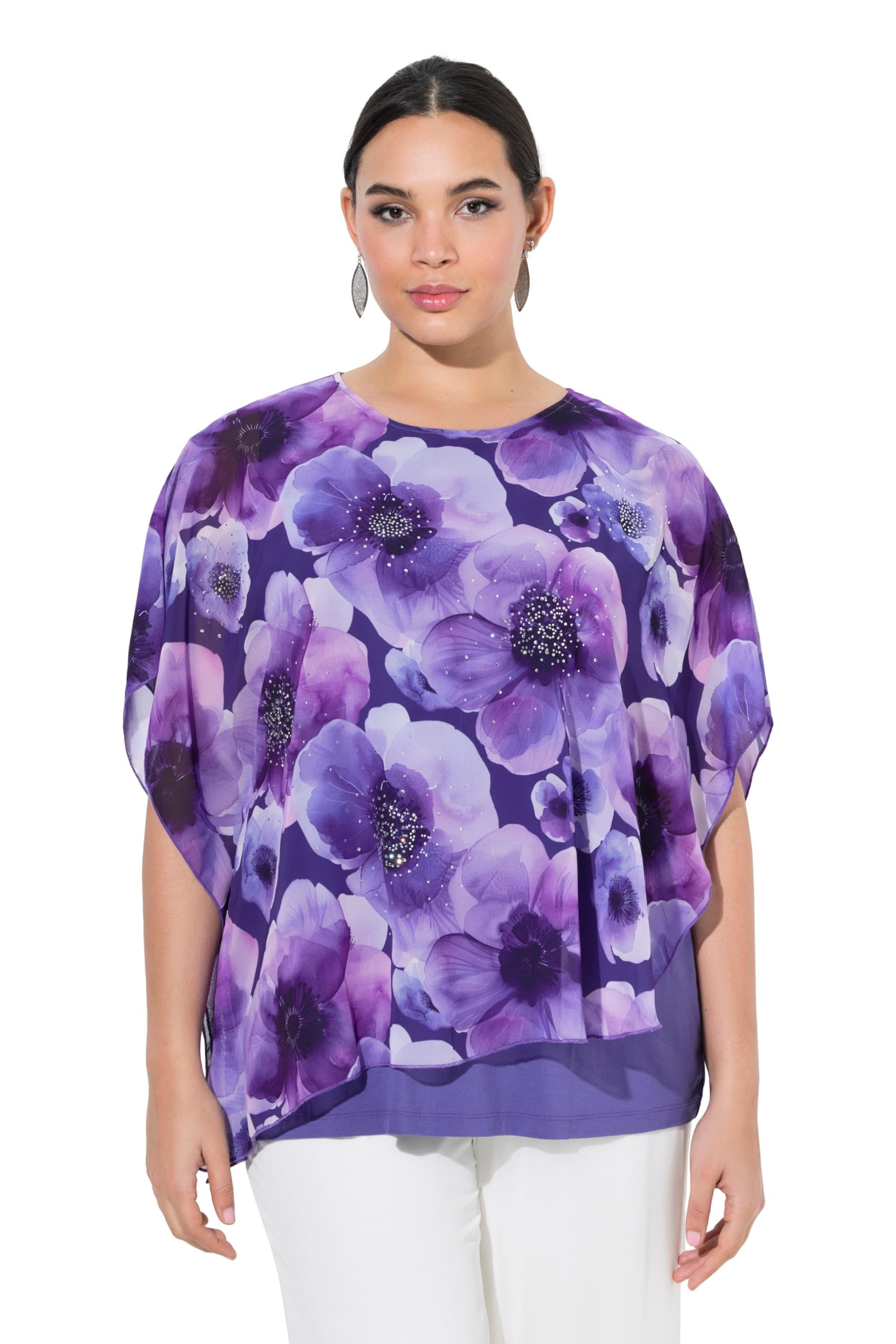 Ulla Popken Damen große Größen Übergrößen Plus Size Chiffonbluse, Blüten, doppellagig, Rundhals, Halbarm 848177