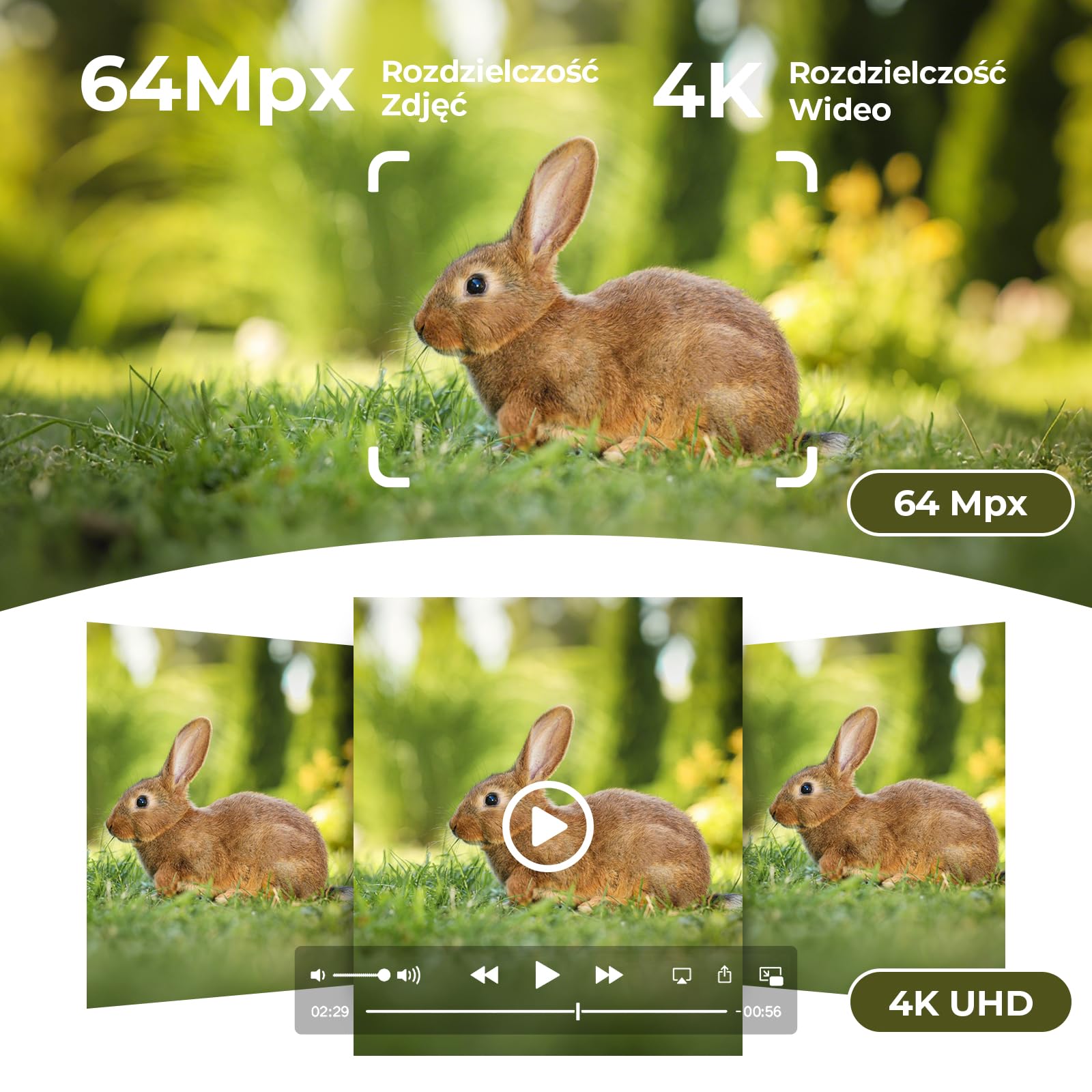 WOLFANG Kamera myśliwska Wildlife Camera, 64MP 4K z podwójnym obiektywem, zasilana energią słoneczną, z funkcją noktowizji Starlight 120°, aktywowana ruchem, IP66, wodoodporna, wyzwalana 0,1 s