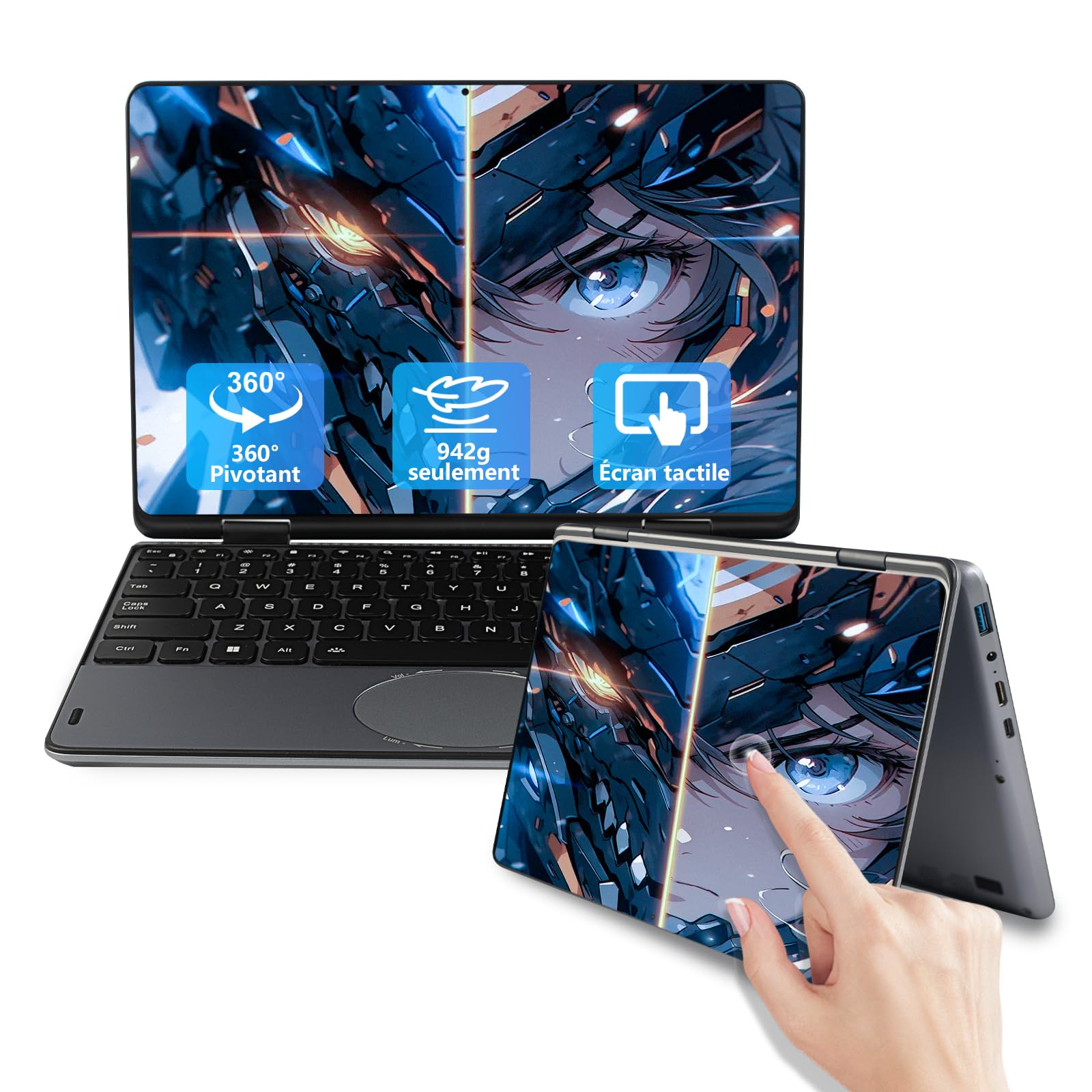 Ordinateur Portable 2-en-1 11 Pouces Tactile Celeron N100 16 Go DDR4 1920x1200 IPS Clavier Rétroéclairé Gris