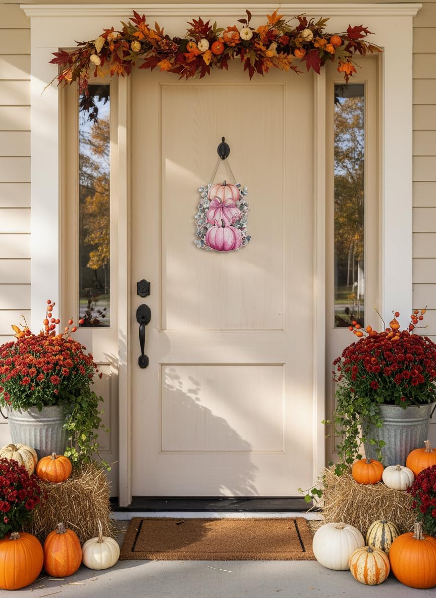 Pink Fall Decorations for Home - Pink Pumpkin Decor Pumpkins Door Hanging Sign Welcome Wall Signs Door Wreath Sign Hanging for Home Wall Outdoor Indoor Supply Decor Gifts 14.6×11.4 Inch