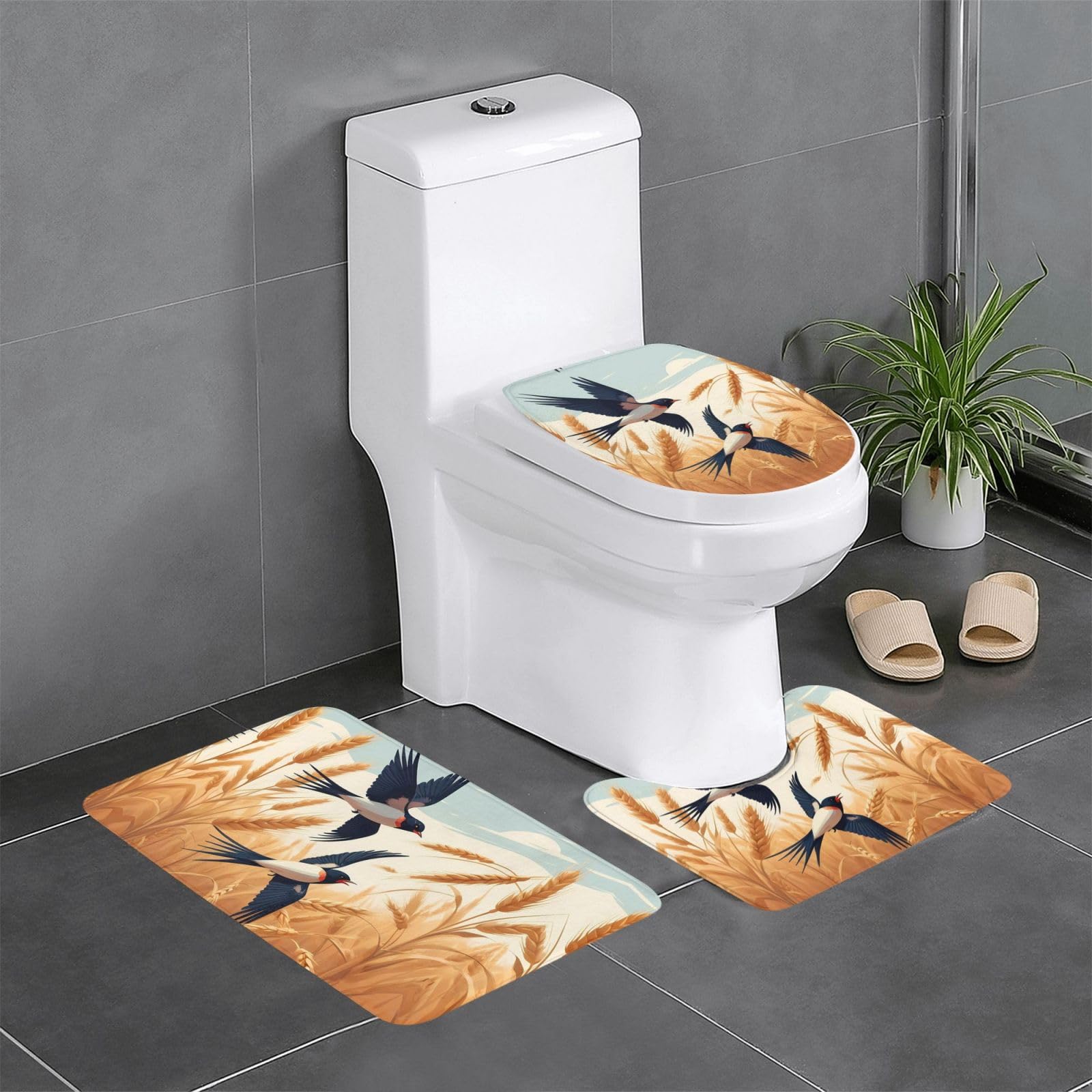 Tapis de salle de bain motif hirondelles et oreilles de blé, finitions soignées 61x40,6 cm