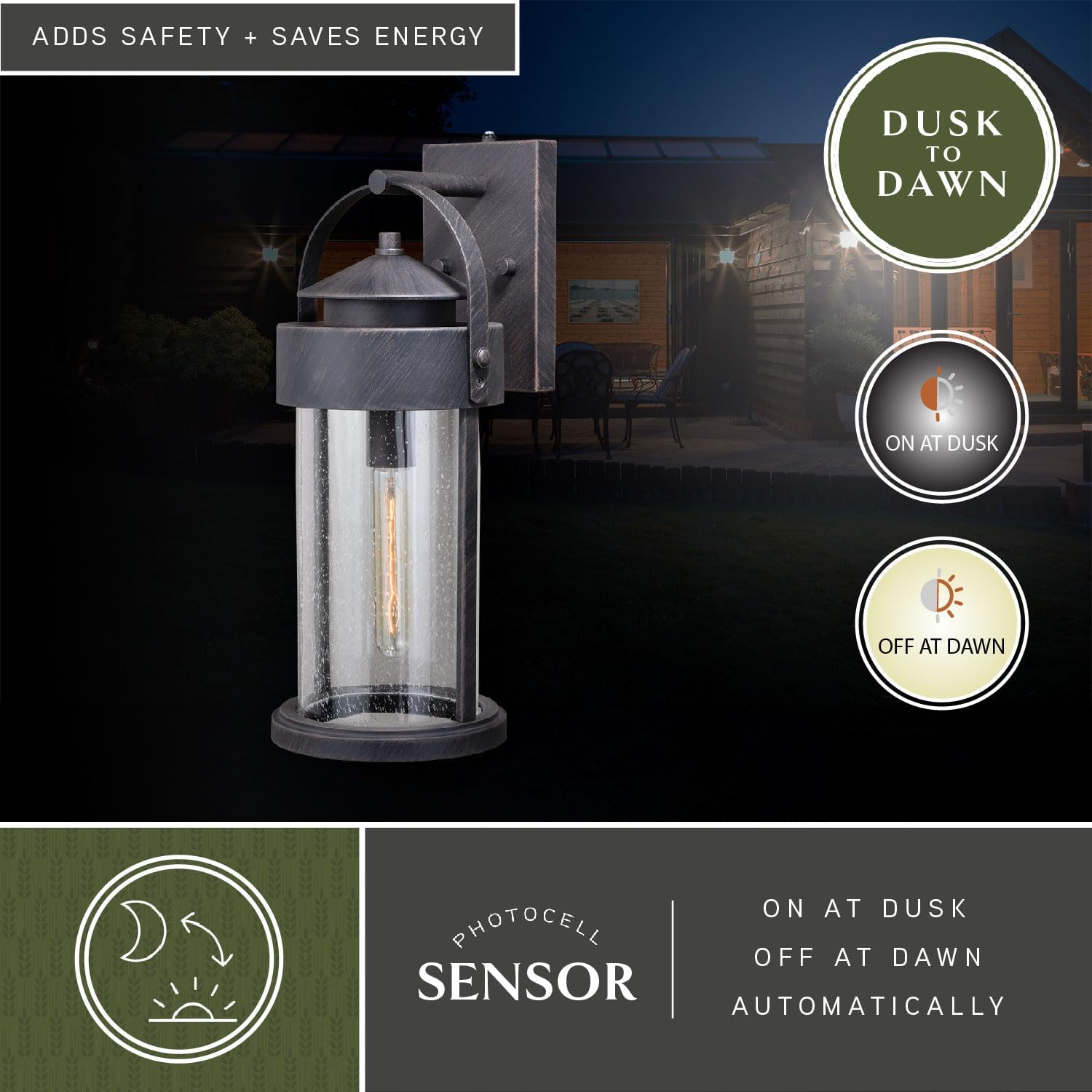 VAXCEL Cumberland 19.75 in. H 1-Light Rust Iron Dusk to Dawn Sensor Rustic Outdoor Wall Sconce, Durable Steel, Clear Seeded Glass Shade, LED Compatible for Exterior Porch Patio Front Door or Garage
