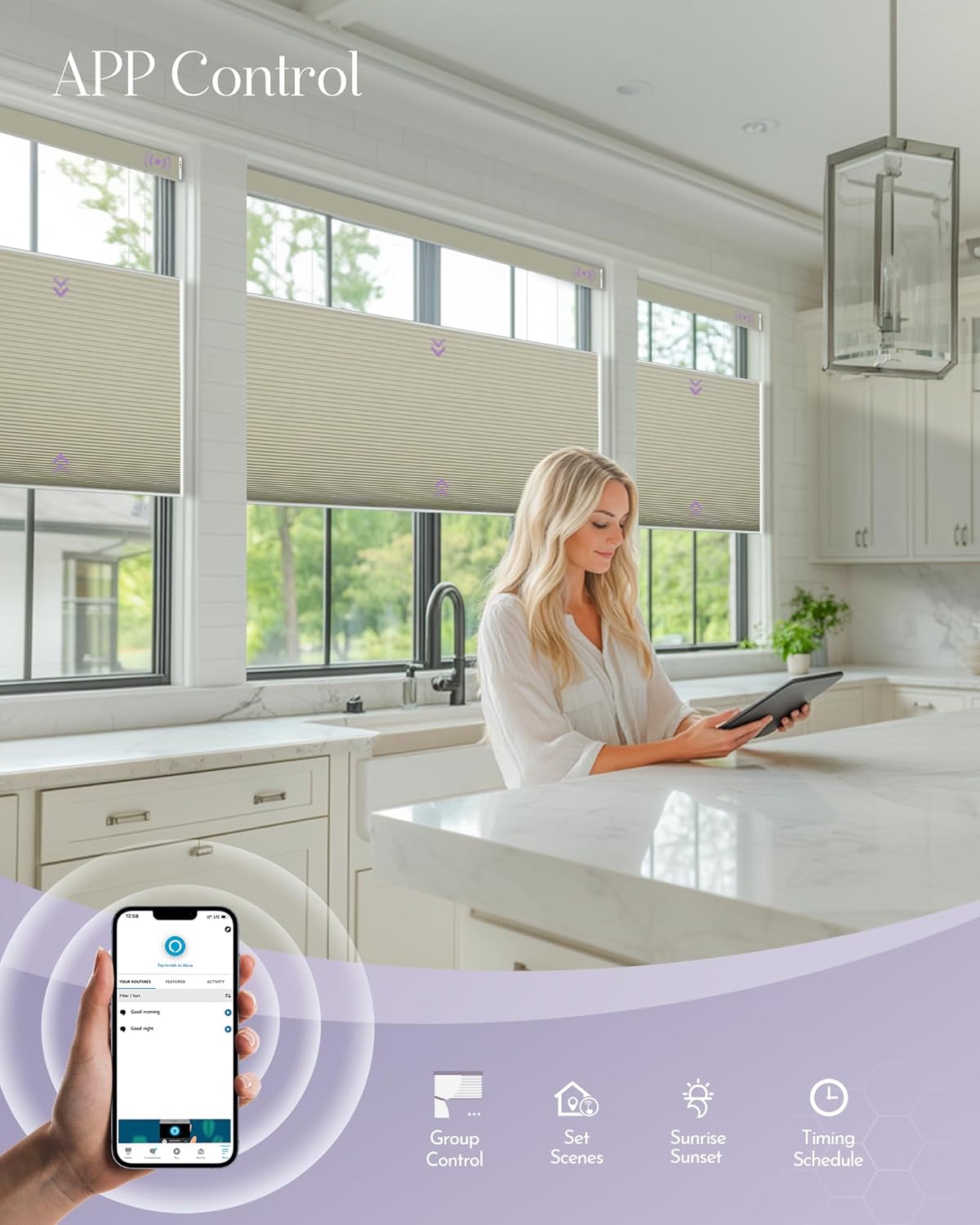 Graywind Smart Top Down Bottom Up Cellular Shades Compatible with Alexa Google Solar Powered Motorized TDBU Shades for Windows Custom Size (Blackout Beige)