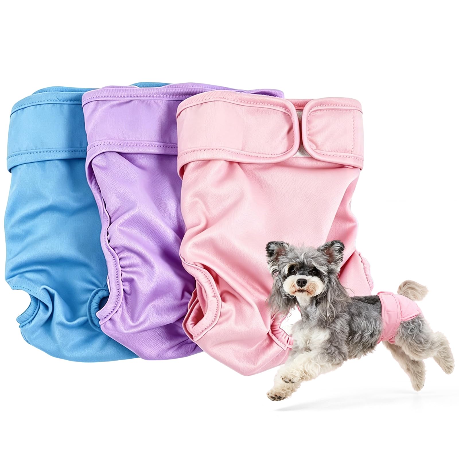 ZORVENIX 3-Pack Reusable Dog Nappies, Washable Female Pants for Dogs, Super Absorbent & Adjustable Sanitary Doggy Diapers Heat, Incontinence and Puppy Training, Pink/Blue/Purple, M