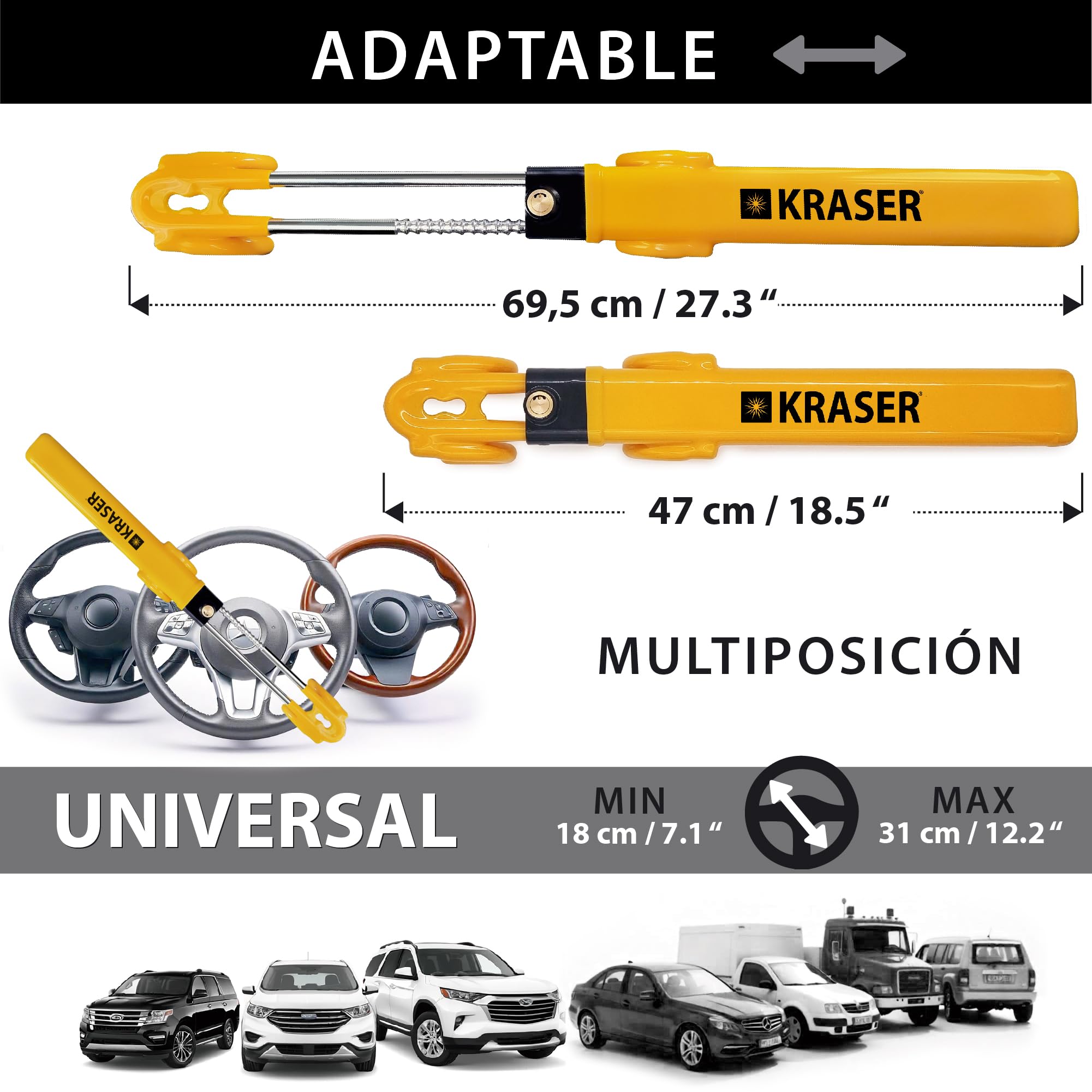 KRASER KR842Y Antirrobo Coche, Alta Seguridad, Bloqueo Volante de Doble Barra, Más Robusto y Disuasorio, Doble Gancho con Protección Antiarañazos, Cepo Coche Universal SUV Furgoneta Autocaravana