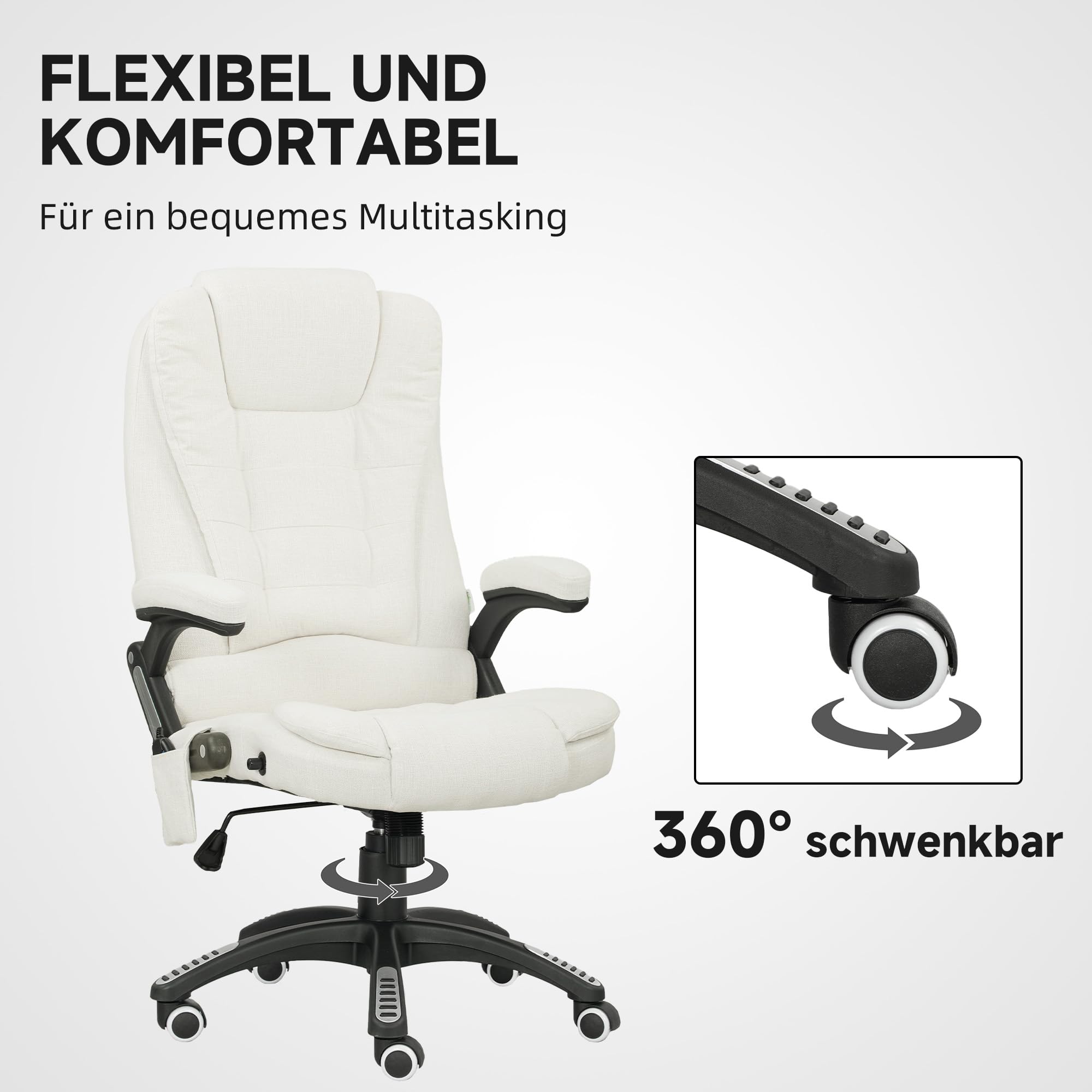 Vinsetto Bürostuhl mit Massagefunktion Ergonomischer Chefsessel mit Heizfunktion, Liegefunktion, Wippfunktion Höhenverstellbar 360° Drehbar Computerstuhl mit Seitentasche, Leinenoptik, Cremeweiß