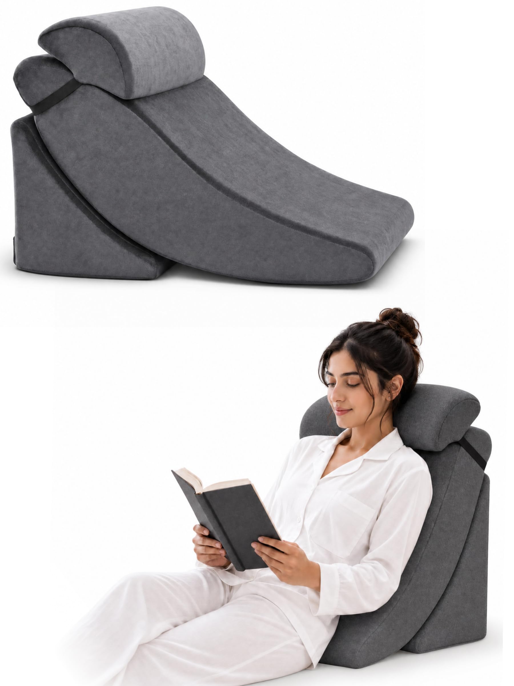 FOVERA 3PCS Adjustable Bed Wedge Pillow Set for Sleeping, Triangle Support Pillow with Headrest for Back, Neck & Leg Pain Relief, Post Surgery Body Positioning for Acid Reflux & Sitting Support-image-21