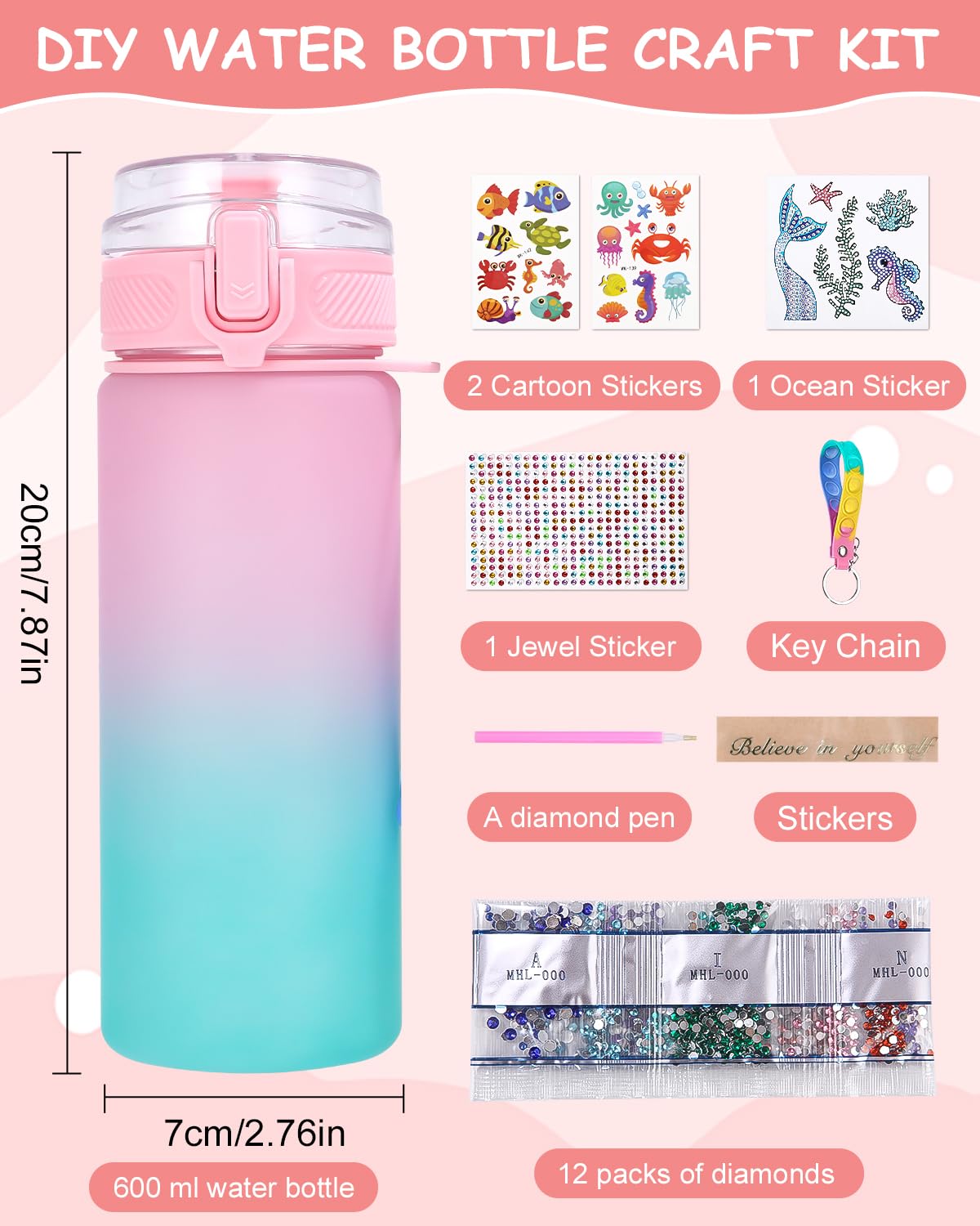 Kit Déco Bouteille D'eau Enfant - Strass Et Diamants à Coller - Activité Manuelle Fille 3-10 Ans - Cadeau Créatif