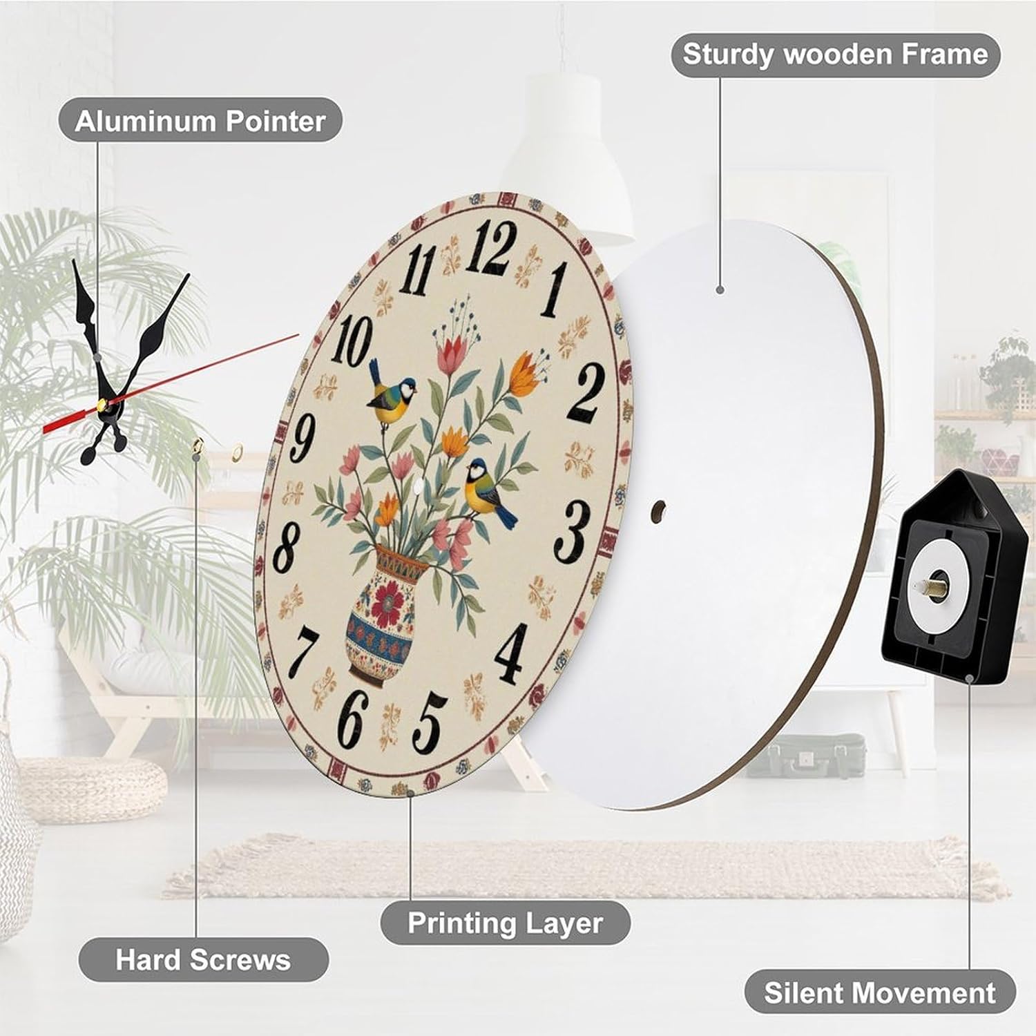 Floral Clock Birds Perched on Vase 12 Inch Silent Wall Clock, Frameless Wooden Round Clock with Quartz Movement for Bathroom, Kitchen, Living Room, Bedroom