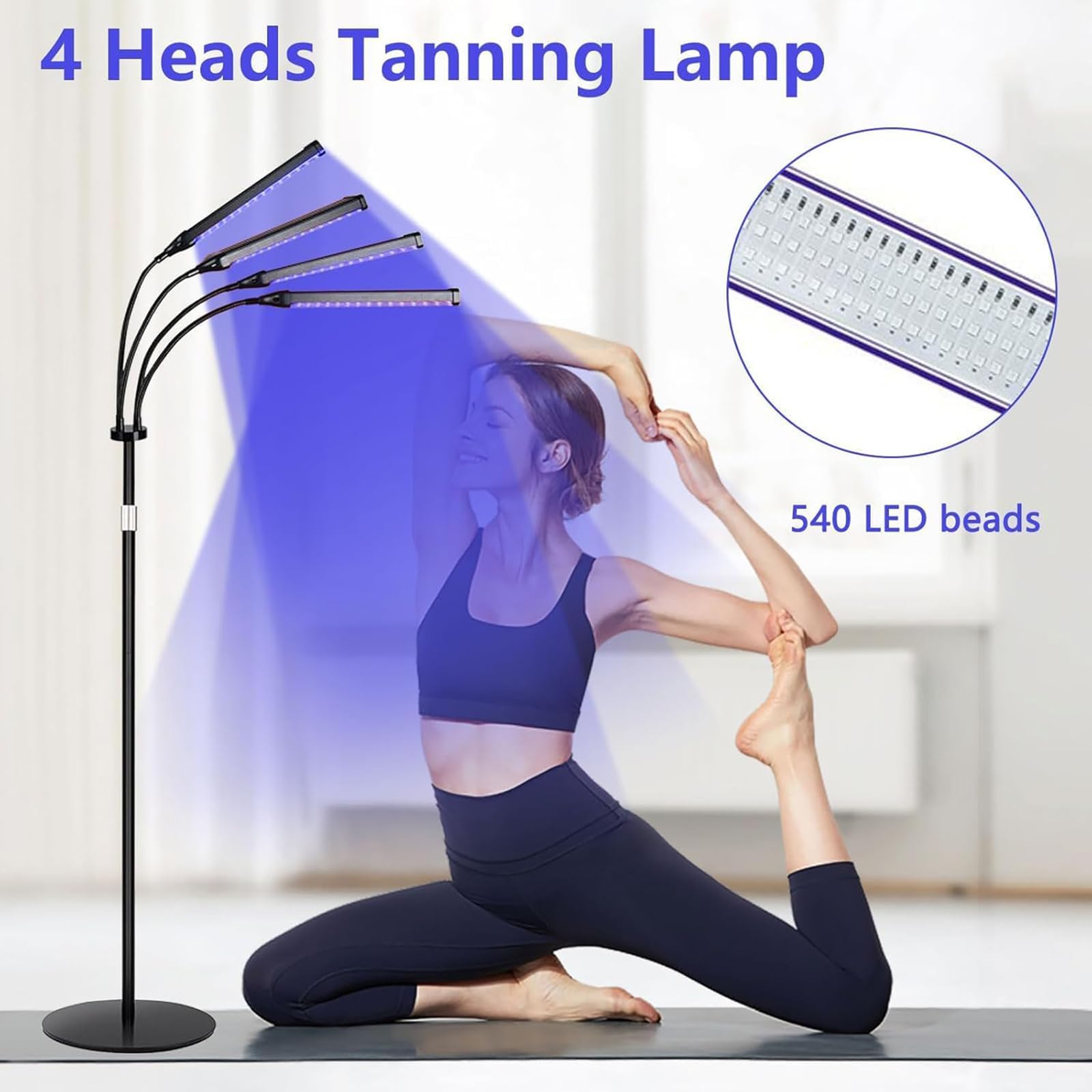 NGARY 4-głowicowa lampa samoopalająca, 40 W, pełne niebieskie światło z 420 diodami LED, timer 5-30 minut, obracana o 360°, przenośna podstawka, 5 poziomów jasności i 3 tryby pracy na twarz i ciało