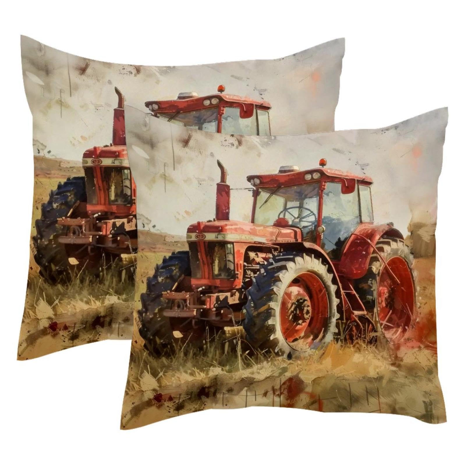 Housses de coussin velours 50x50 cm motif tracteur rouge vintage lot de 2