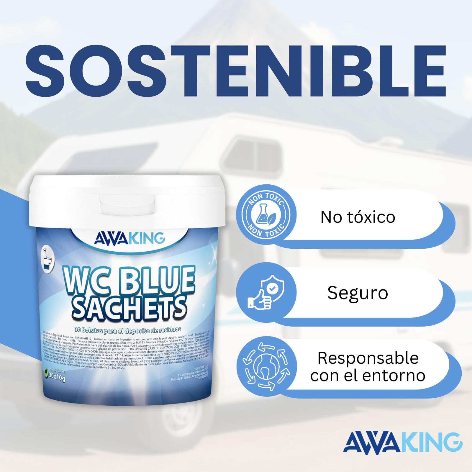 AWAKING Pastillas WC Quimico Autocaravana Blue Sachets 30ud | Limpia y Desodoriza. Fórmula Concentrada y Aroma Fresco Depósito Aguas Negras de Caravana, Limpieza profunda, Camper, Descompone Residuos.