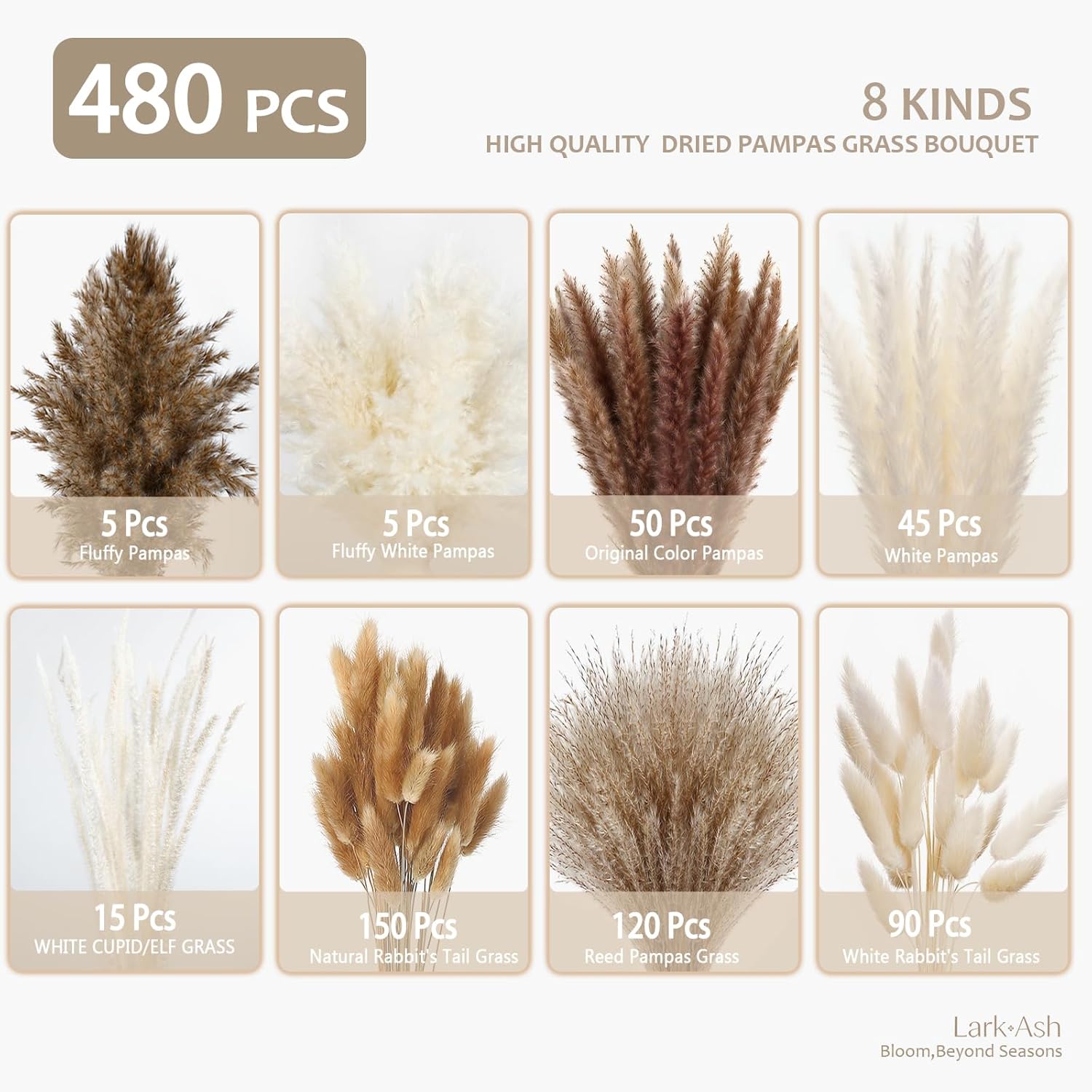 Dried Pampas Grass Decor-Pampas Grass,Bunny Tails,Fluffy Pompas.Rustic Flower for Wedding, Home Decor,Table Centerpiece,Farmhouse Decor,Living Room,Apartment and Boho Decor（White and Brown） (480)