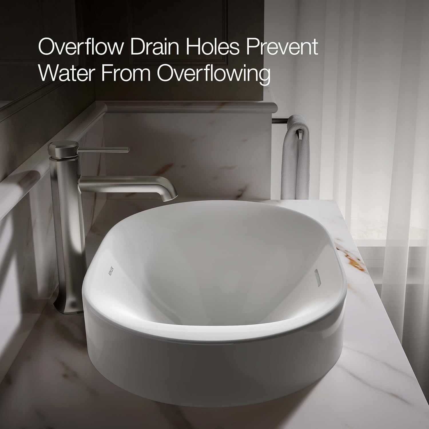 KOHLER 31701-0 Chalice 22-3/4" Oval Bathroom Vessel Sink, Above Counter Vanity Sink Basin, with Overflow, No Faucet Holes, White