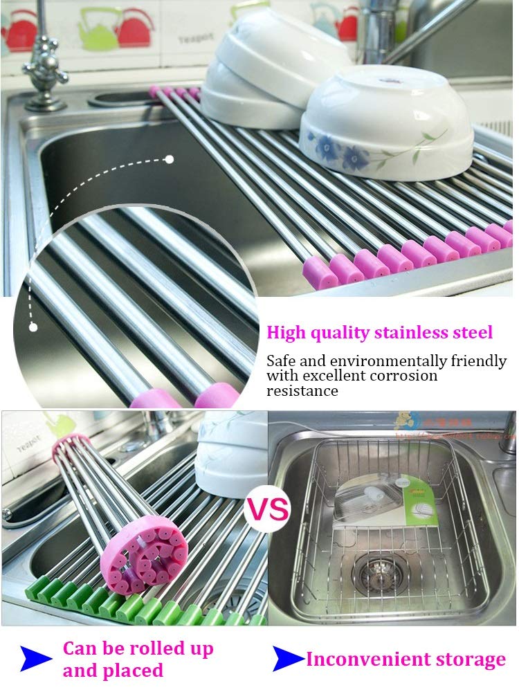 Geschirrabtropfgestell aus Edelstahl, 2er-Pack aufrollbarer Geschirr-Trockenständer, Küchenspüle-Matte, 12 Röhren, Mehrfarbig, mehrere Größen(Pink,470X220MM)