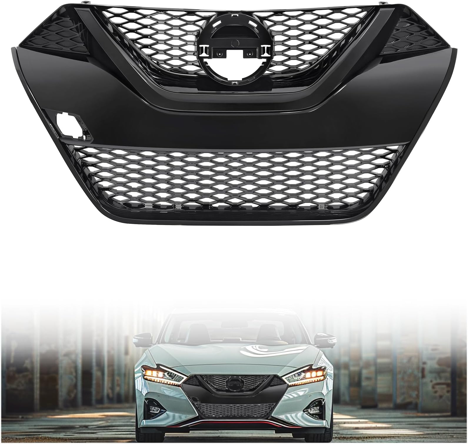 KUAFU Front Grill Compatible with 2016-2018 Nissan Maxima Upper Bumper Grille Painted Black Replacement for NI1200284