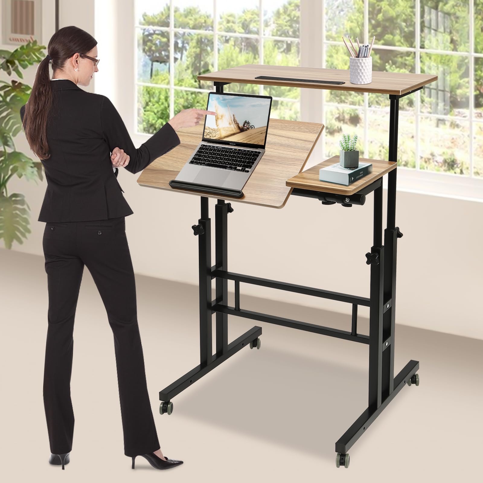 Mobile Standing Desk Height Adjustable Laptop Desk Desktop Rolling Laptop Cart Sit Stand Desk Home Office Desk with — view 5