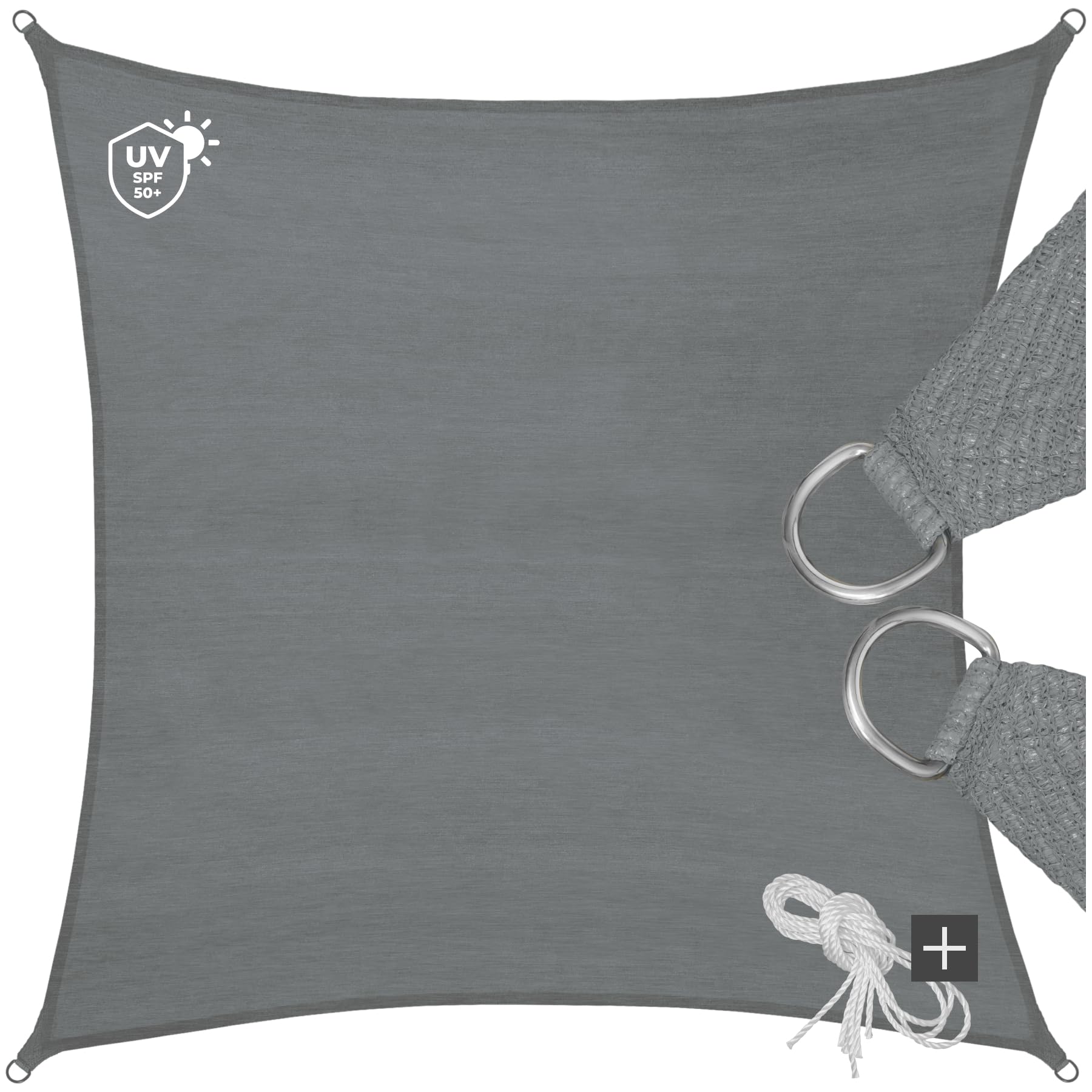 tectake® Sonnensegel mit UV Schutz, Sonnenschutz und Sichtschutz Balkon, Sichtschutz Garten, für Pergola, Windschutz Terrasse, mit Ösen und Spannseile - quadratisch grau - 5,4 x 5,4 m