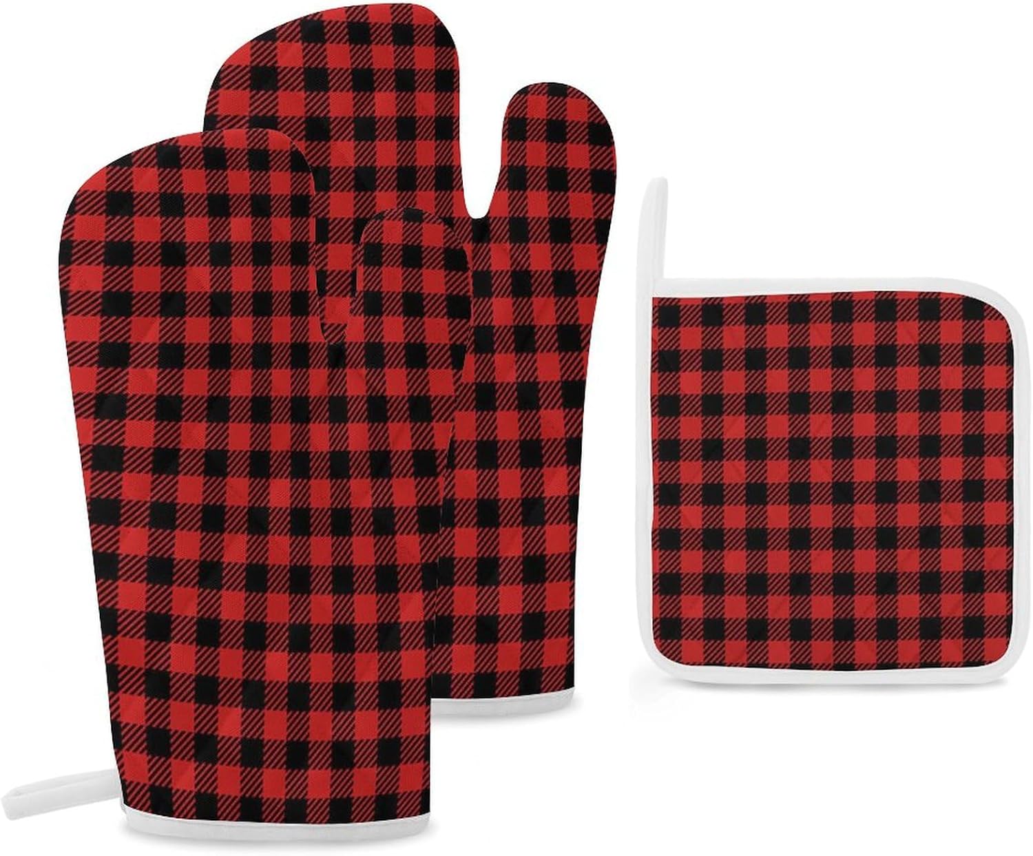 Buffalo Plaid Red Checkered Print Oven Mitts and Pot Holders 3 Piece Sets Heat Resistant Gloves Hot Pads Potholders for Kitchen Baking Cooking