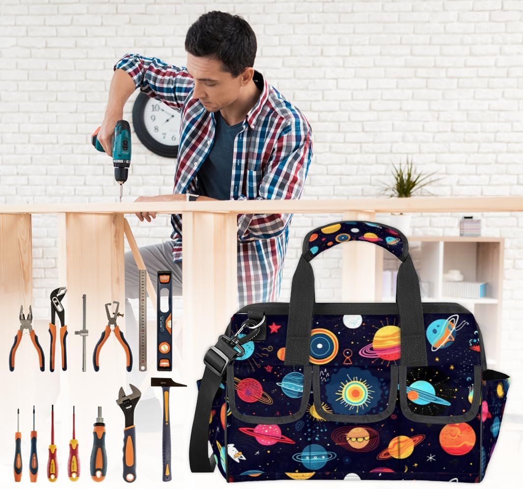 Cartoon Universe Planets Tool Bag with Multi-Pockets Wide Mouth Tool Tote Bag for Women and Men Waterproof Tool Organizer Storage Bag with Adjustable Shoulder Strap and Ergonomic Handle