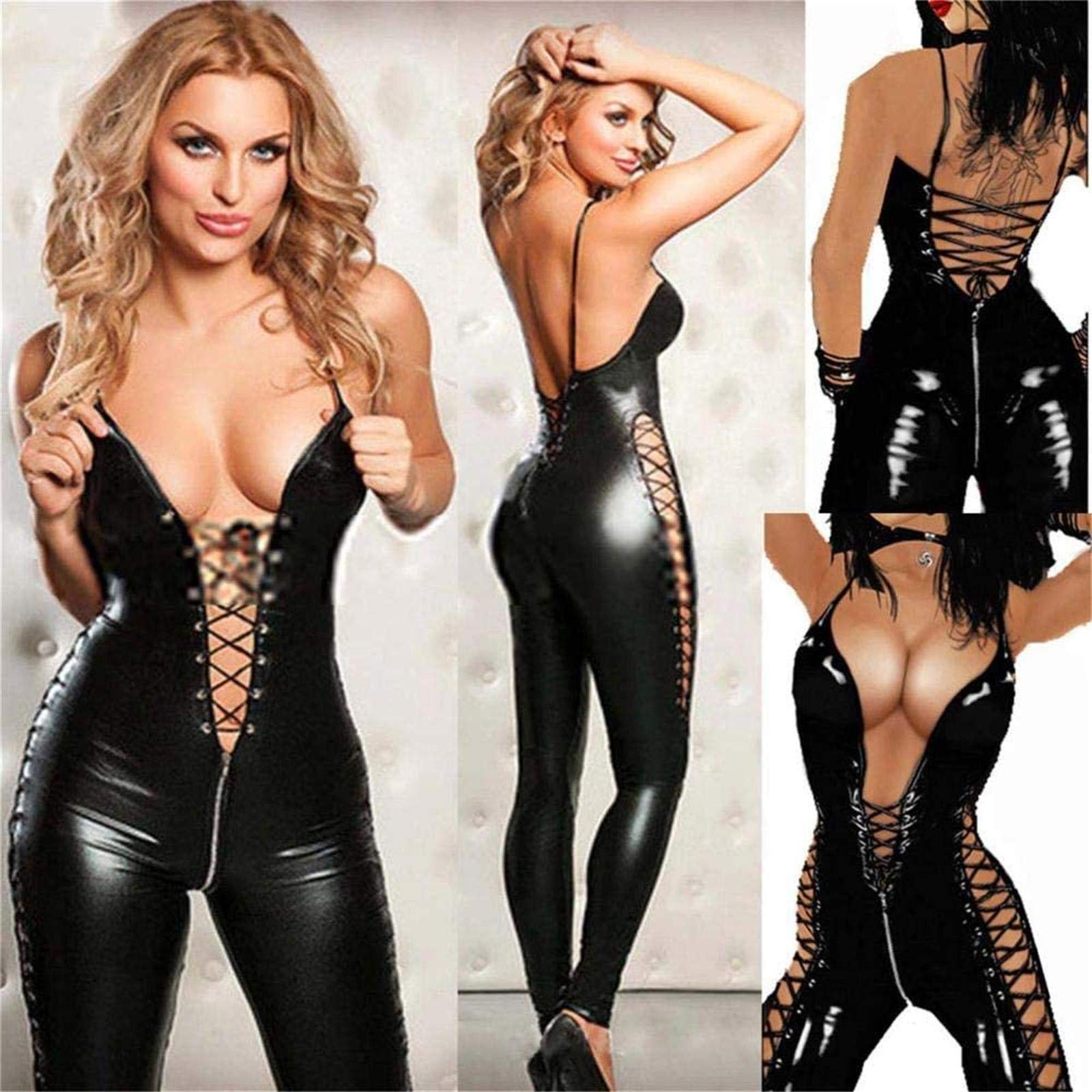 Tuta da Donna Sexy Catsuit Senza Maniche con Zip Tuta da Discoteca Lingerie Sessuale Tuta in Pelle Sexy