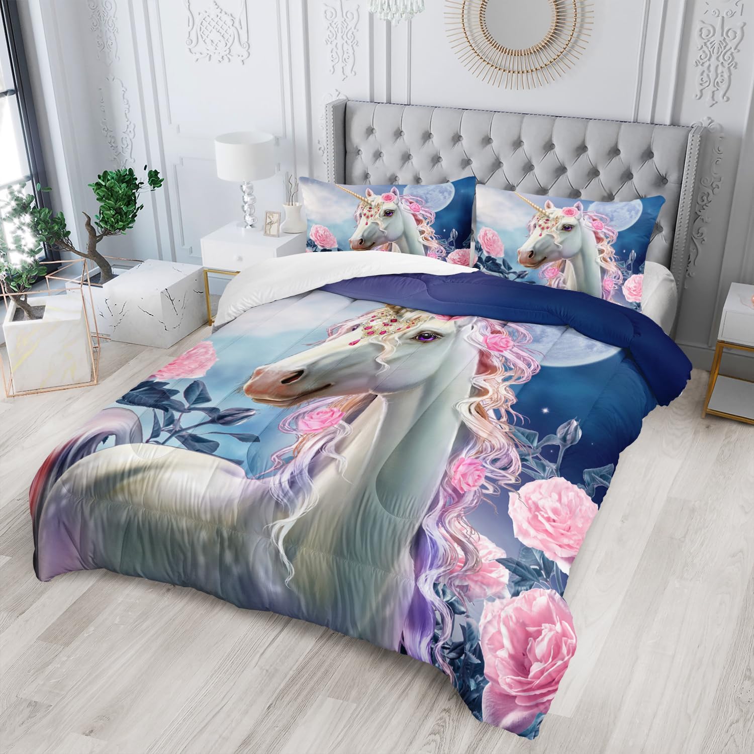 Kid Unicorn Comforter Set Twin Size 3Pcs Moon Star Rose Pattern Quilt Balloon Bedding Set for Boys Girls with 1 Comforter and 2 Pillowcases