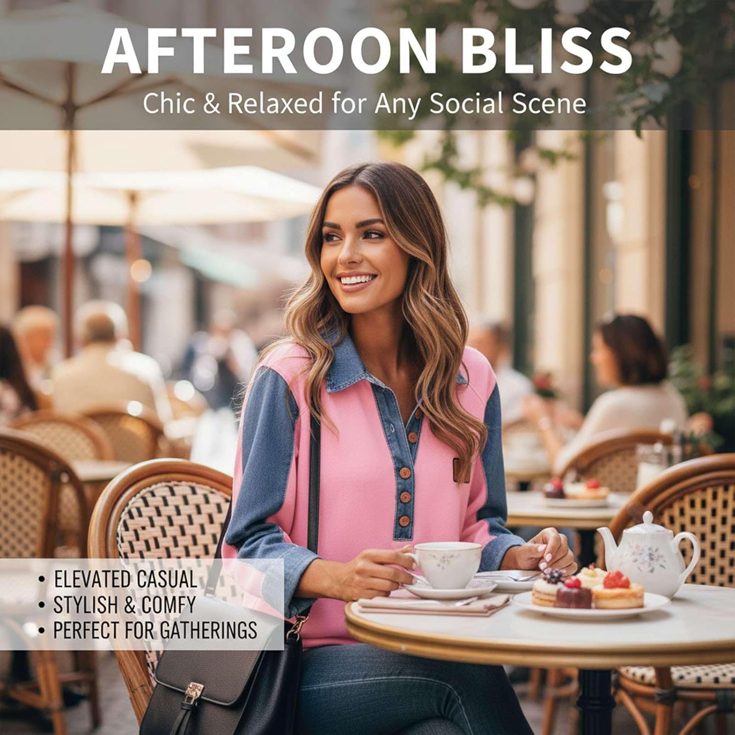 Womens Lounge Long Sleeve Pullover Top Denim Collar Button Front Patchwork Casual Loose Fit Blouse Daily Wear - Image 6