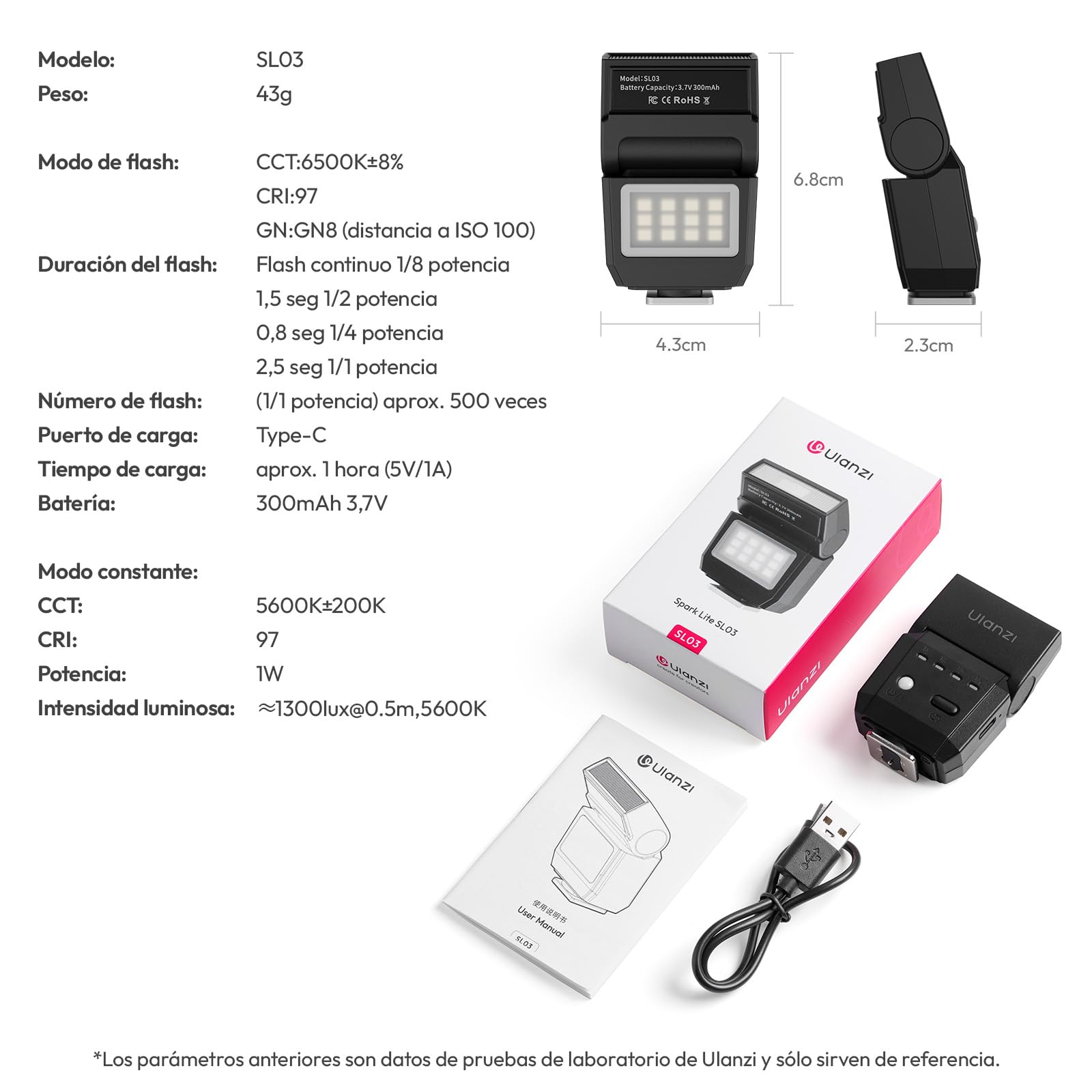 ULANZI SL03 Mini Flash para Cámara con Luz de Vídeo, Flash Externo GN8 6500K, Ángulo Ajustable de 90°, Compatible con Cámara réflex Digital Sony/Canon/Fuji/Nikon, Montura Universal de Zapata Caliente