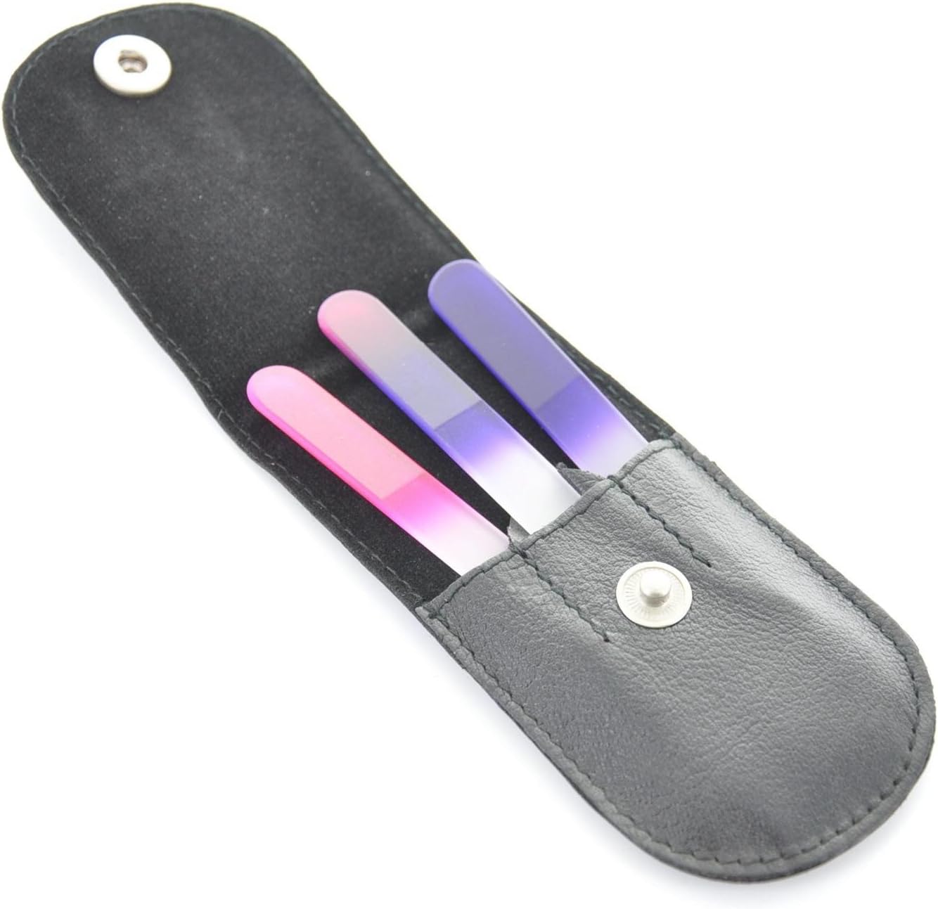 3 Piece, 3 1/2 Inch, Czech, Glass Nail File Set Presented in Black German Made Leather Case