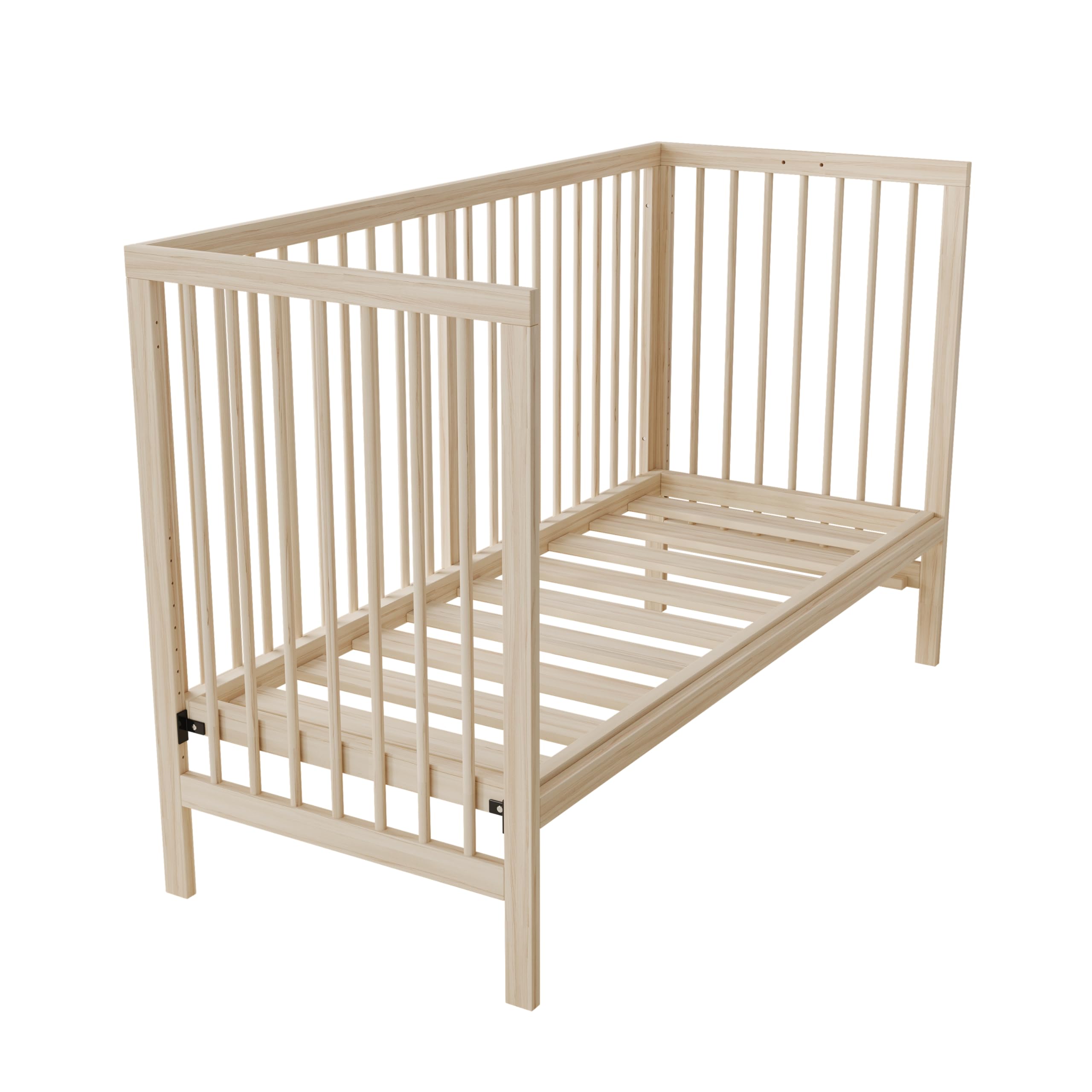 Holz Babybett, multifunktionales Babybett, umwandelbar in Nebenbett/Malerbrettständer/Schreibtisch, höhenverstellbar, ohne Matratze, aus Fichte, naturfarben, 140x60x90cm