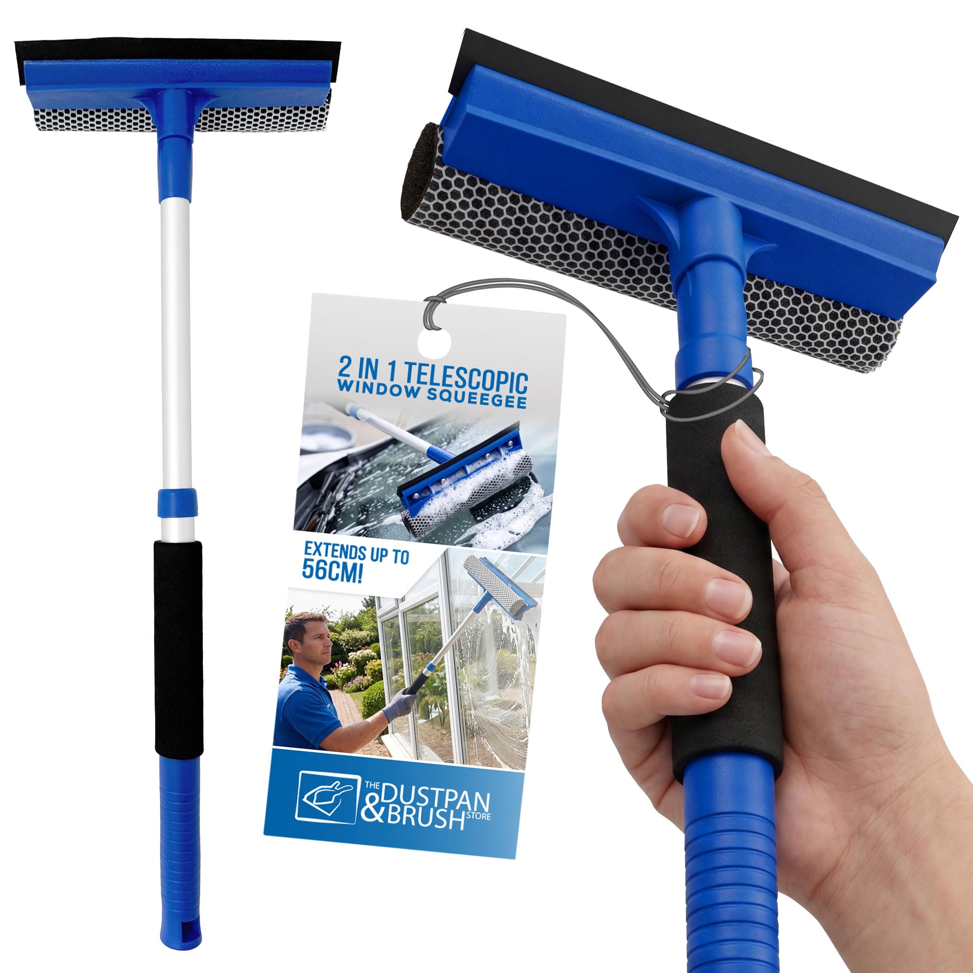 2 in 1 Telescopic Window Squeegee with Durable Squeegee Blade and Sponge Attachment - Window Cleaning Kit Perfect to Use as Shower Cleaner Squeegee, Window Cleaner & Car Window Squeegee