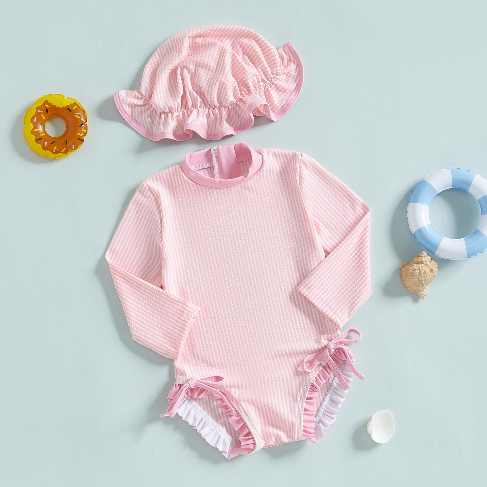 Maillot de Bain Rayé à Volant pour Bébé Fille Adorable Maillot Une Pièce Zippé Manches Longues Anti-UV avec Chapeau Ensemble pour Plage Été 6 Mois à 3 Ans
