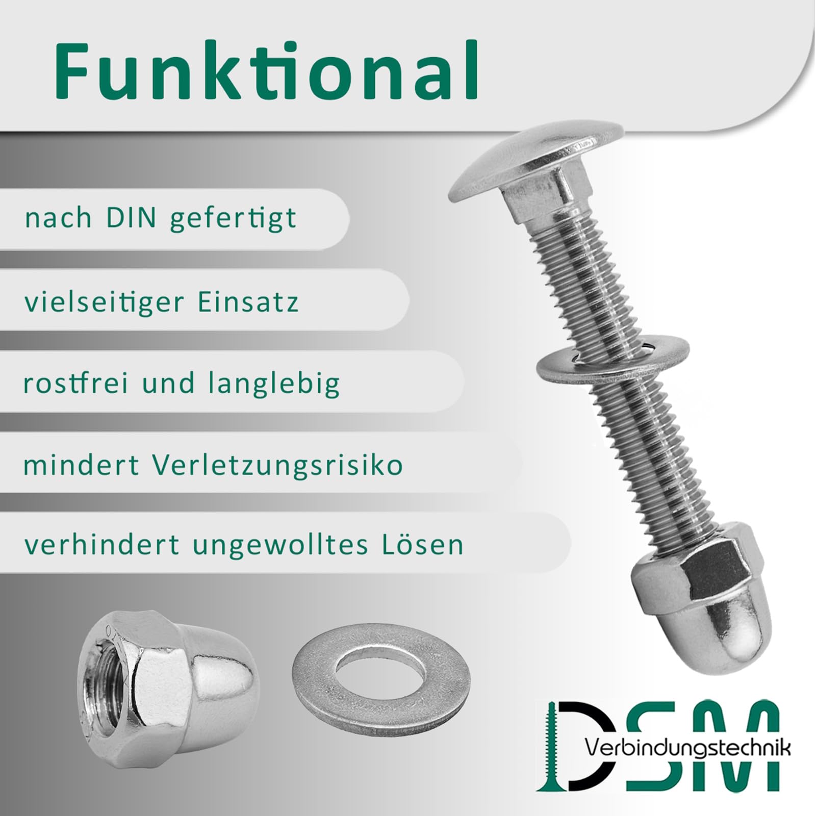 DSM – Viti a testa esagonale M6 x 60 mm secondo DIN 603 – Dado cieco M6 secondo DIN 1587 & Rondelle secondo DIN 125 – Acciaio inox A2/V2A – Filettatura completa – Viti a testa cilindrica con base