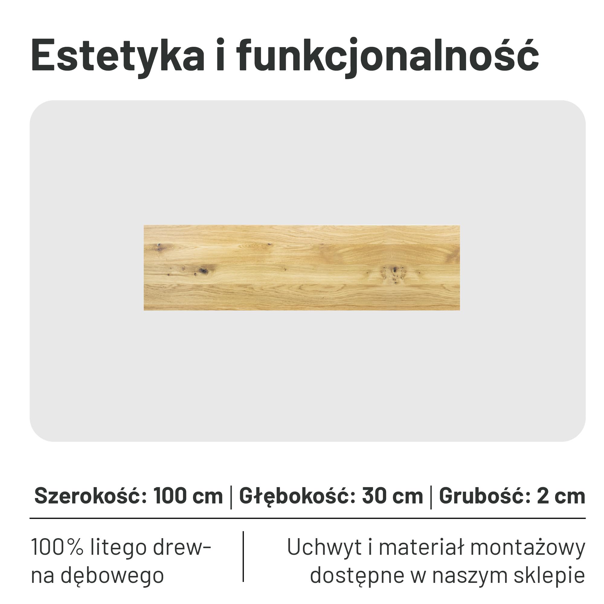 Półka regałowa z dębu, półka ścienna, półka kuchenna, parapet, regał wiszący z litego drewna, wiele wymiarów, rustykalna półka ścienna, uchwyt na książki (G 30 cm, S 100 cm)