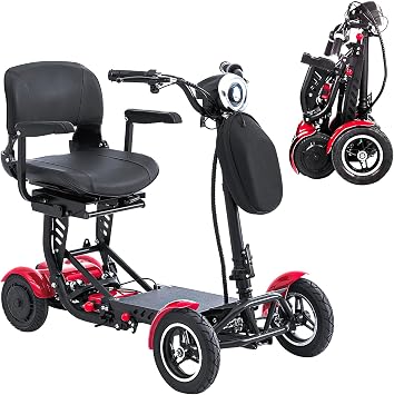 All-Terrain 4-Wheel Foldable Electric Scooter Lightweight Folding Mobility Scooter for Adults & Seniors, 300 lbs Load Capacity, 15.6AH Lithium Battery, 11.2 MPH Max Speed, Storage Bag, Red