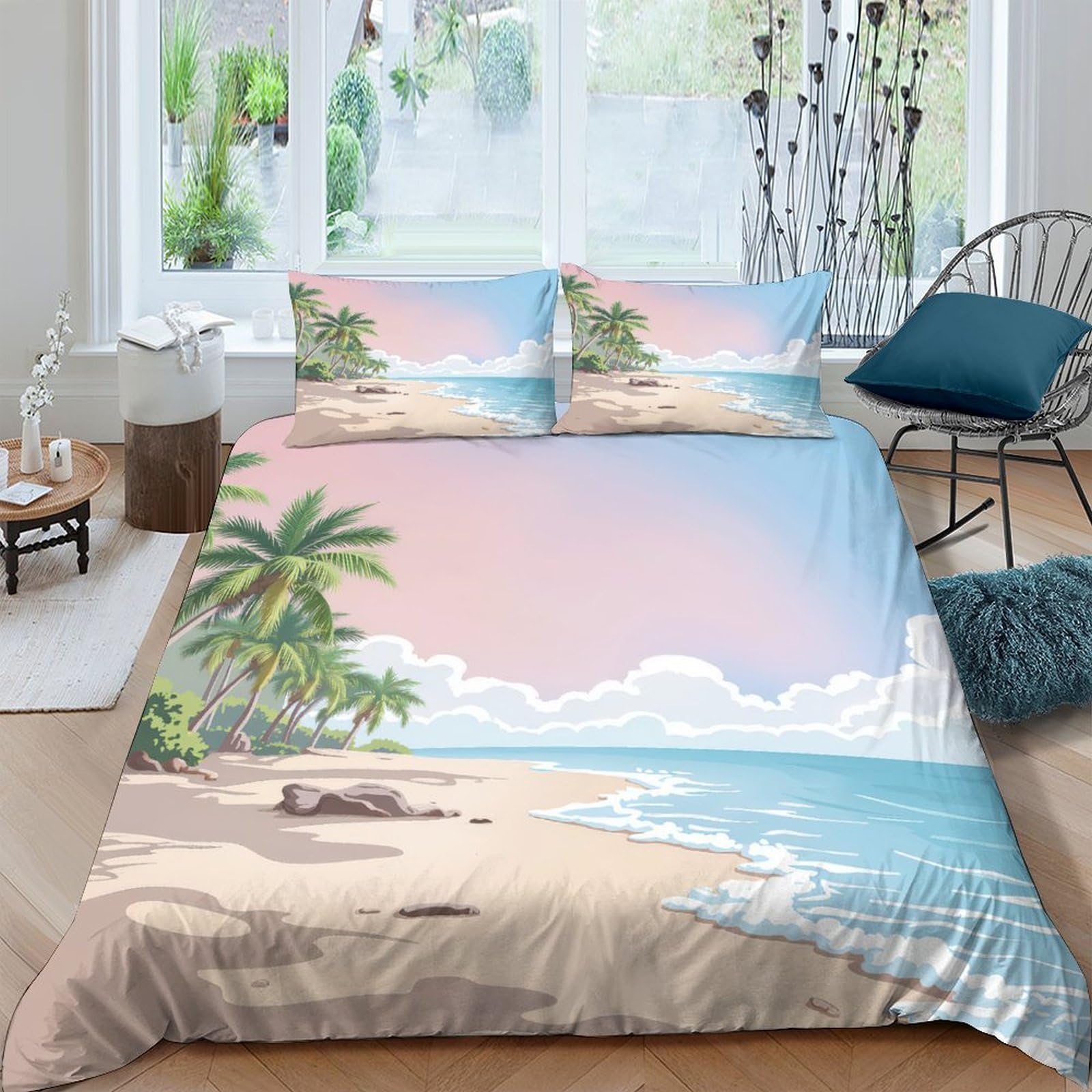 GPLZQXKJNH 3D Printed Tropical Beach Duvet Cover Microfiber Soft Breathable Ocean Sunset Bedding Set with 2 Pillowcases for Bedroom Decor Single（135x200cm）