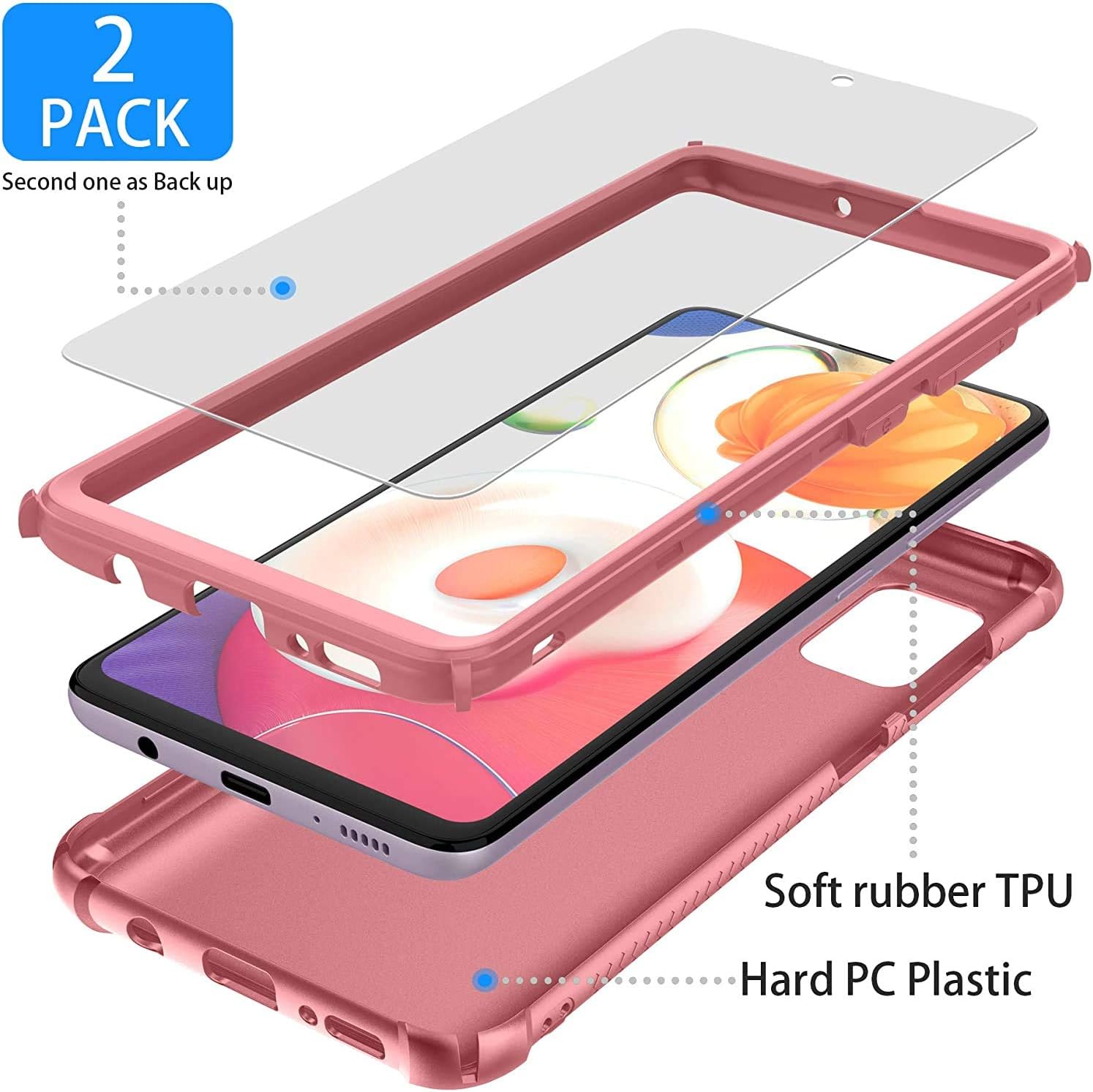 ORETECH Designed for Galaxy A51 Case with [2 x Tempered Glass Screen Protector] 360° Full Body Hard PC Soft TPU Rubber Silicone Edge Protective Cover for Samsung Galaxy A51 4G 6.5inch Rosegold