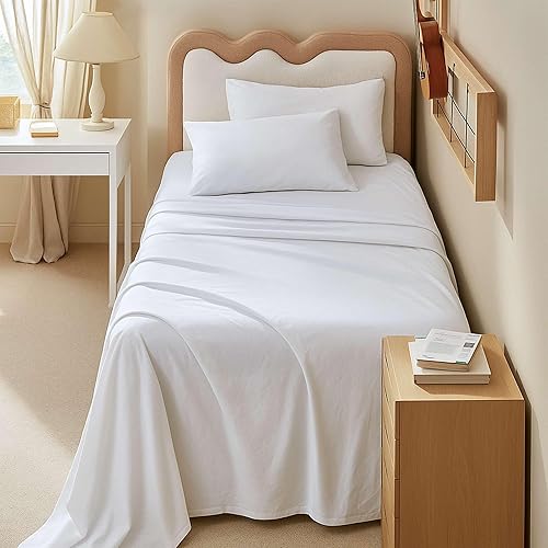 Miniatura 2 de Juego de sábanas de 4 piezas, tamaño individual extra largo, color blanco, liso, 100% algodón egipcio, sábanas refrescantes de 600 hilos, bolsillo