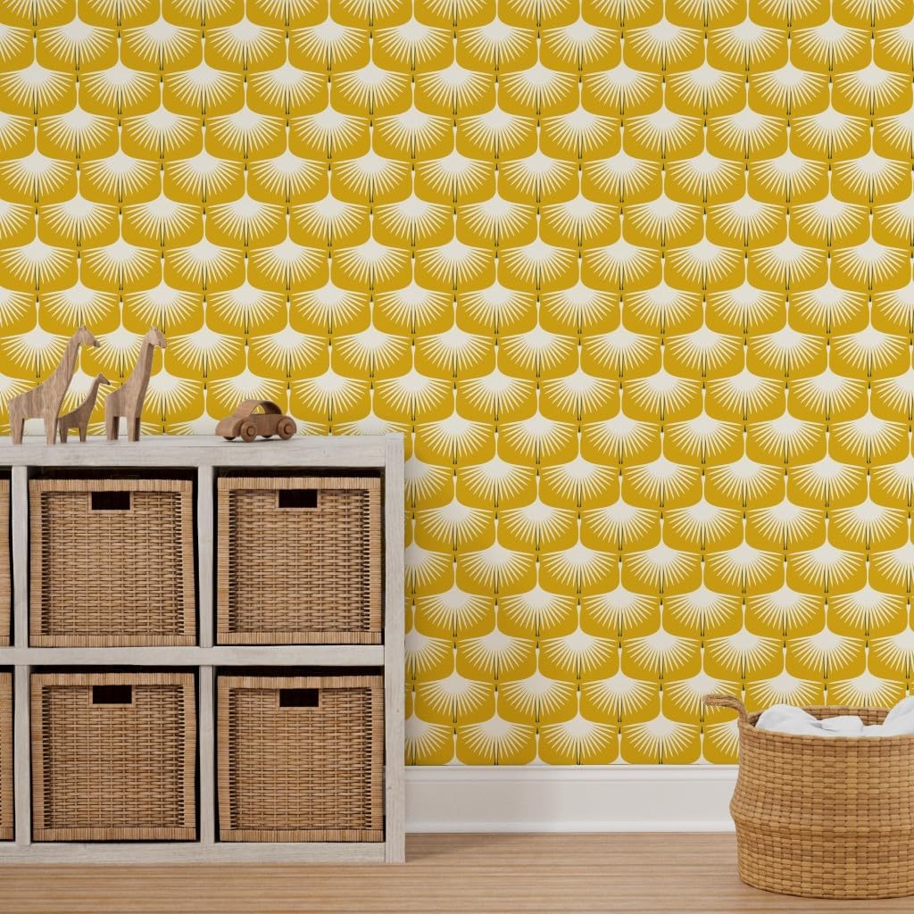 Removable Wallpaper 3ft x 2ft - Art Deco Golden Yellow Traditional Swan Custom Pre-Pasted Wallpaper by Spoonflower