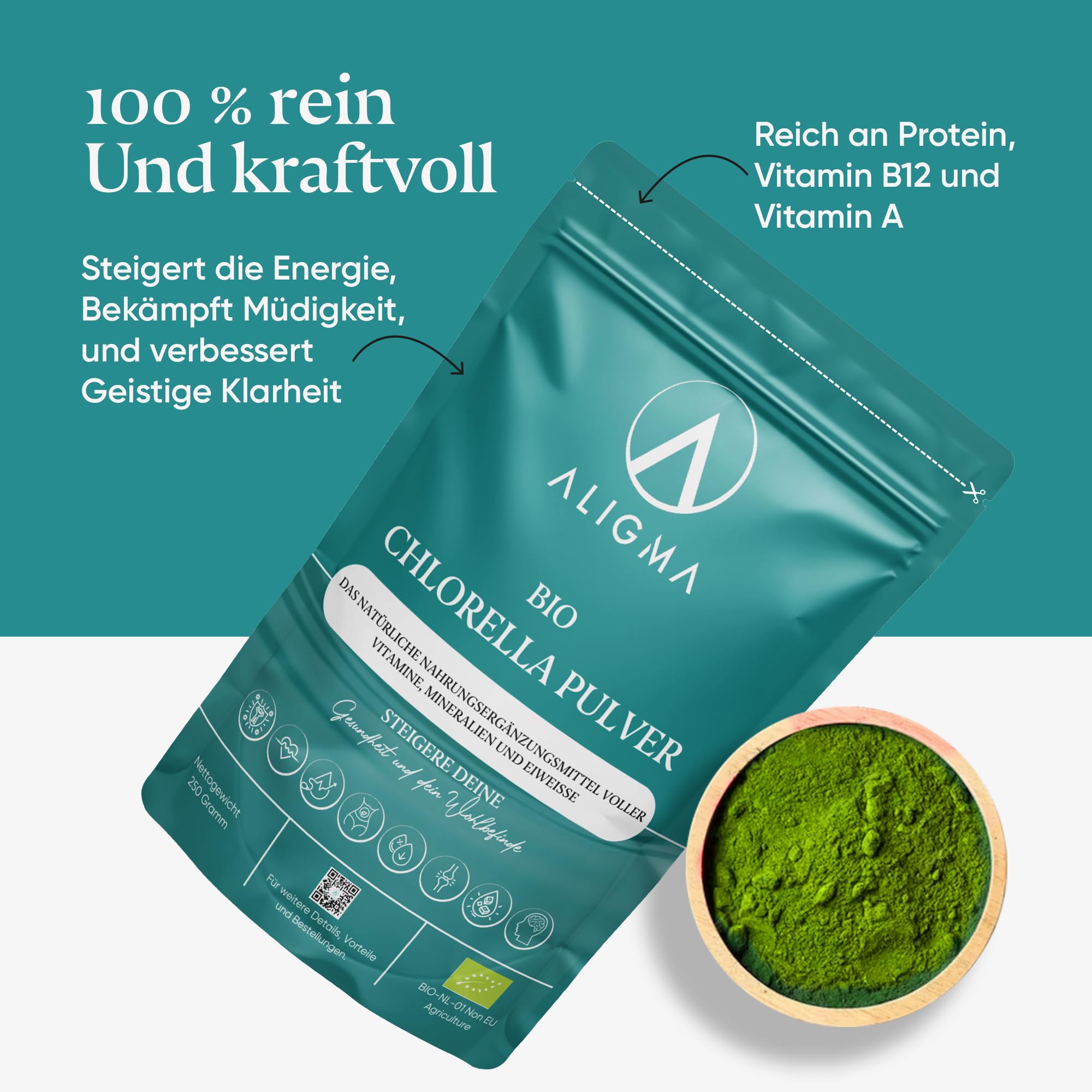 Aligma Bio-Chlorella-Pulver 250 g zur Stärkung des Immunsystems, Super Grüns-Pulver, natürliche Quelle für veganes Protein, Mineralien und Vitamine | Wiederverschließbare Verpackung