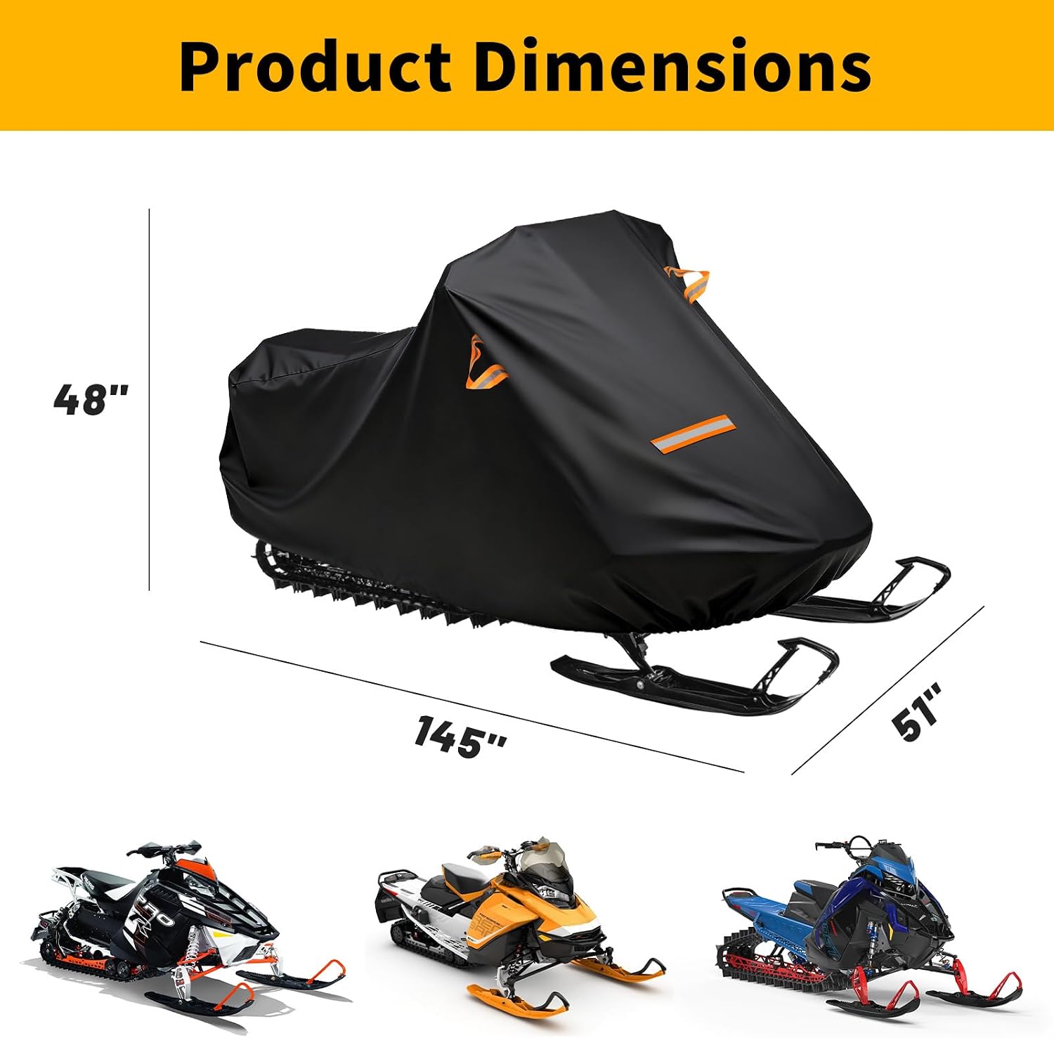 Snowmobile Cover, 420D Durable Oxford Fabric Waterproof sled ski Cover with Reflective Handles, Elastic Bottom Can (Black XL Fits Length 145" x 51" x 48")