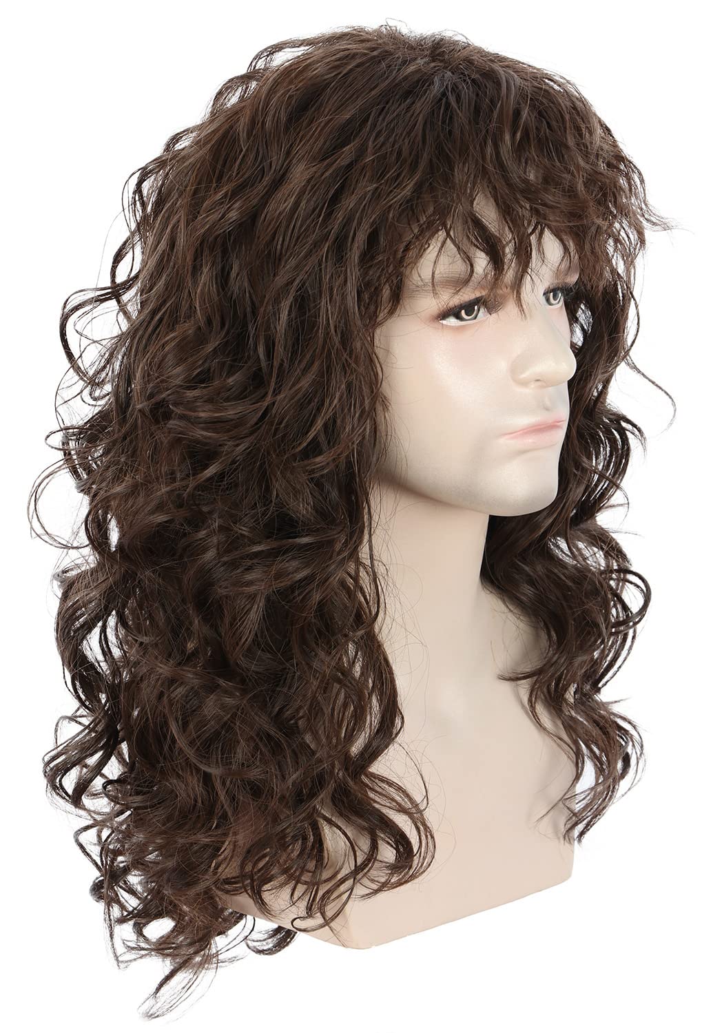 Karlery Men Long Brown Wave Wig with Bandana 80s Heavy Metal Punk Rocker Costume Wig for Cosplay Party, 23 inches - Image 3