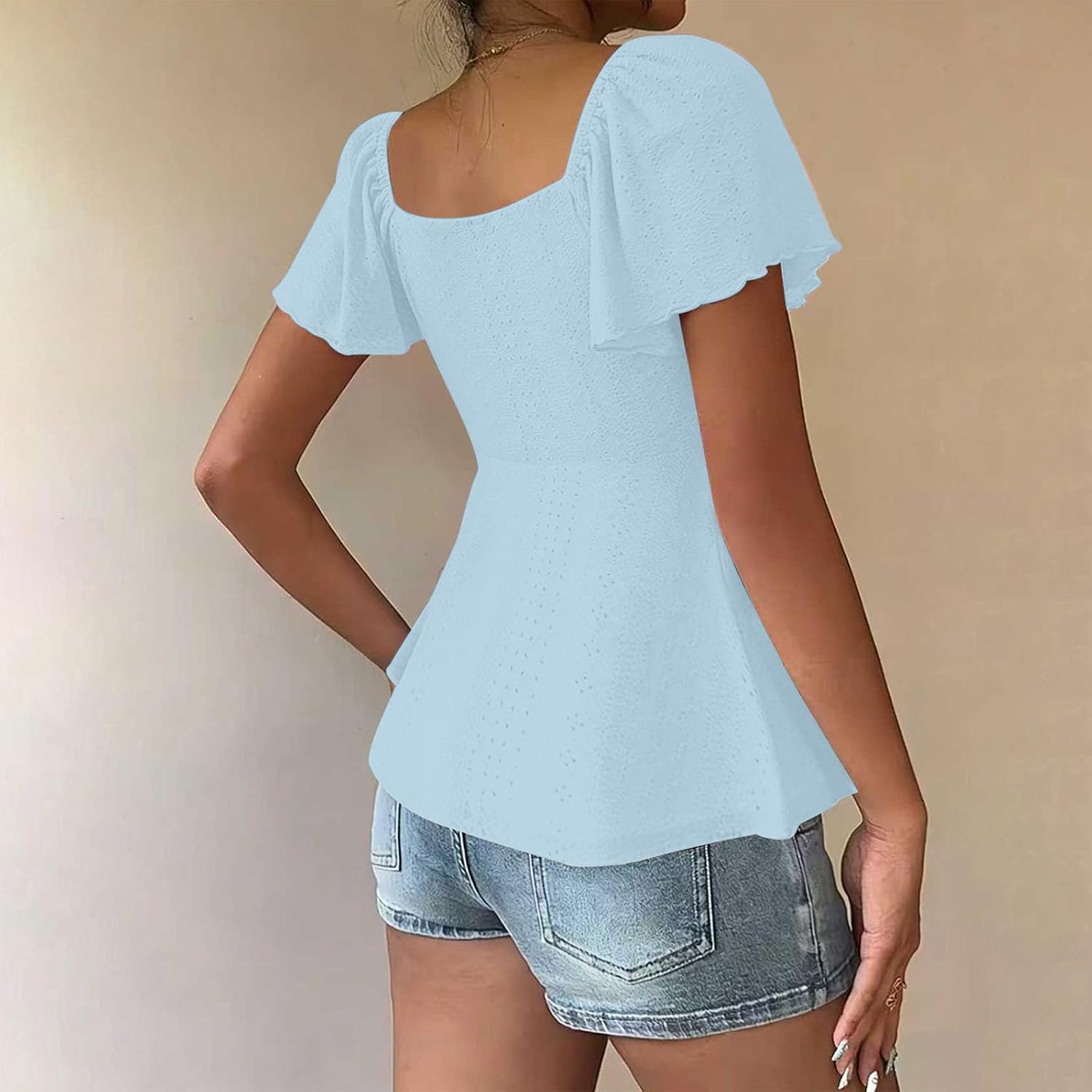 Womens Summer Tops Short Sleeve Ruffle Square Neck Shirts Slim Fit Dressy Casual Elegant Peplum Blouses