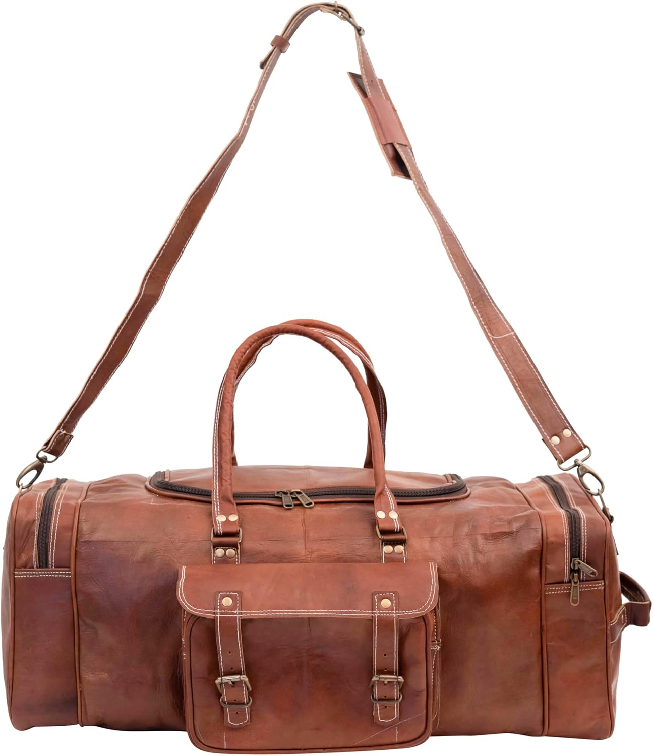 Shy Shy Leather Duffel Bag for Men and Women Full Grain Leather Travel Overnight Weekend Leather Bags Sports Gym Brown Duffel (24 Inch)