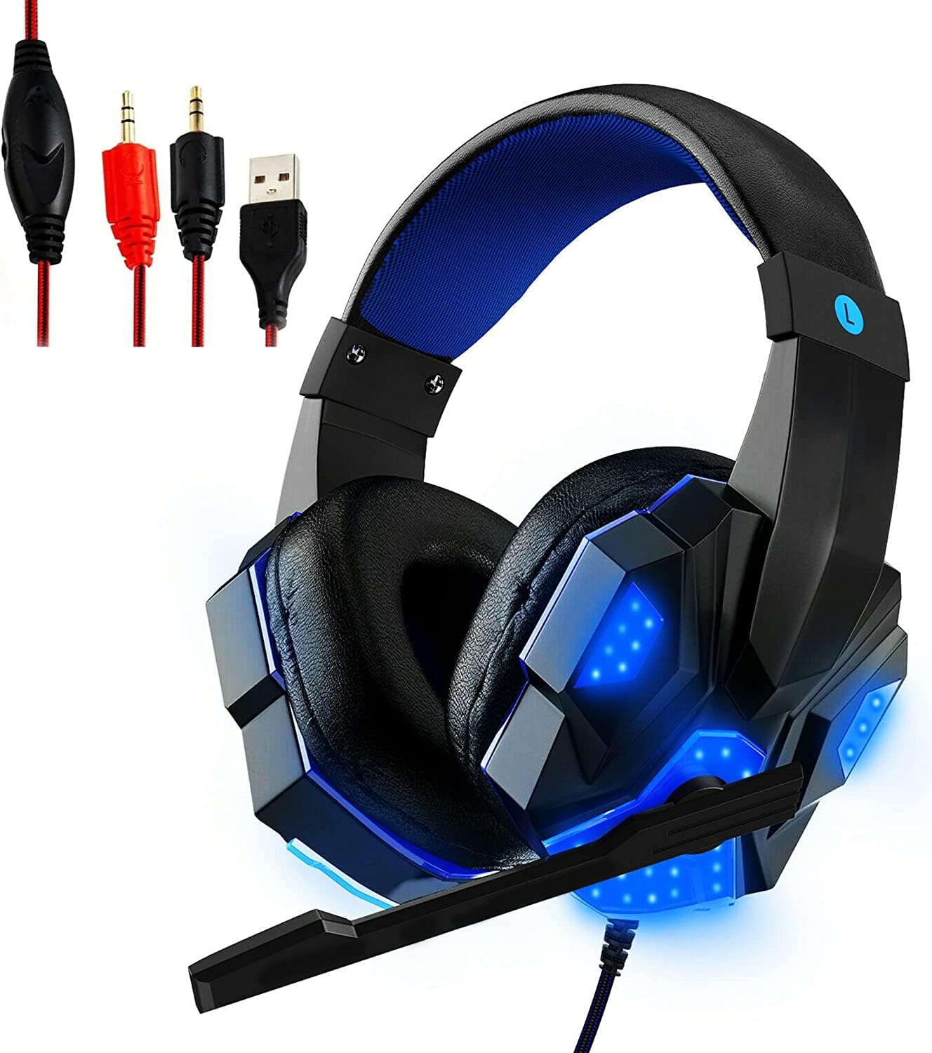 5 CORE Gaming Headset for PS4 PC One PS5 Console Controller, Noise Cancelling Microphone Over Ear Stereo Headphones with Mic, LED Light, Bass Surround, Earmuffs for Laptop Mac NES Games HDP GM1 B