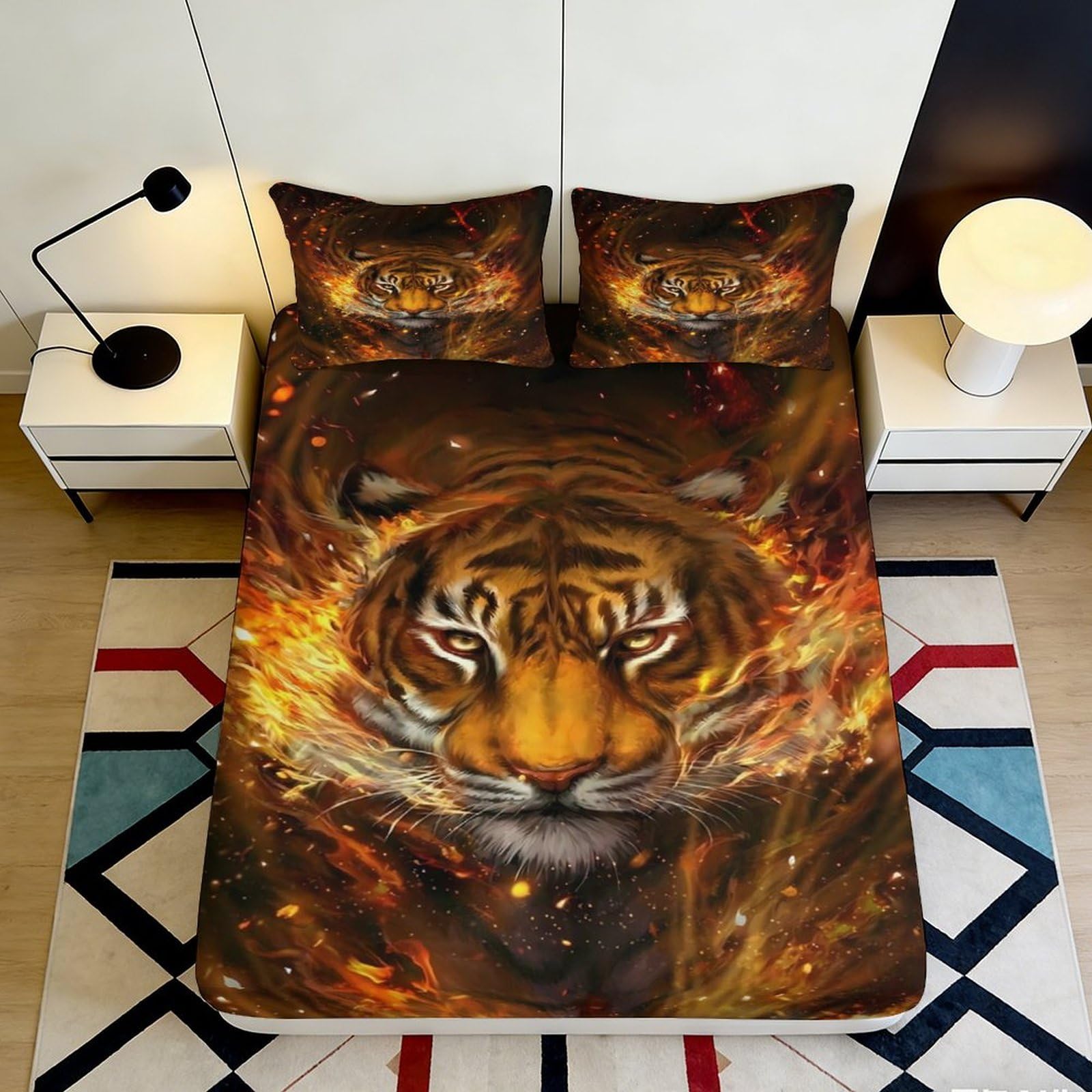 Pnayamiorkfel Style-7 3D Printed Fiery Tiger Fitted Sheet Microfiber Soft Mattress Cover Orange Animal Pattern For Bedroom Guest Room Decor 90X200x25cm