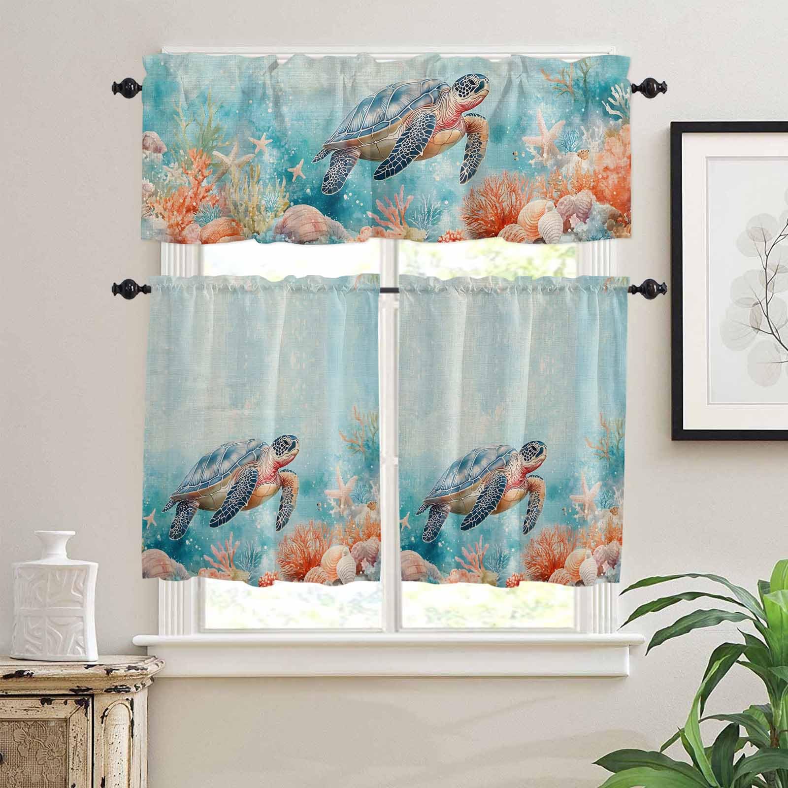 Ocean Turtle Kitchen Curtains 36 Inch Length, 3 Piece Rod Pocket Small Half Tiers and Valance Set, Coastal Blue Coral Starfish Shell Small Large Window Treatment Decor for Bedroom/Bathroom Sink