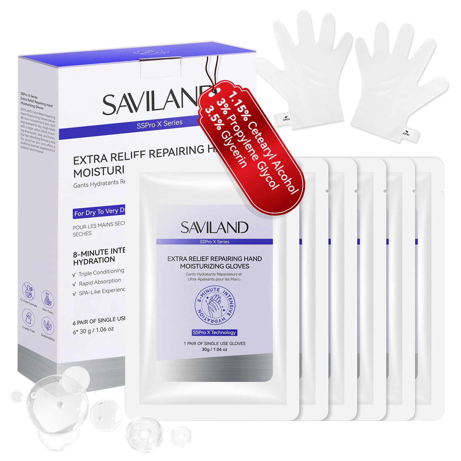SAVILAND 6 Paar Handmaske: 8 Minuten Intensivpflege Handschuhe mit Feuchtigkeitsspendender Wirkung für Extra Linderung & Reparatur Handpflege Handmaske mit Sheabutteröl für Sehr Trockene Rissige Hände