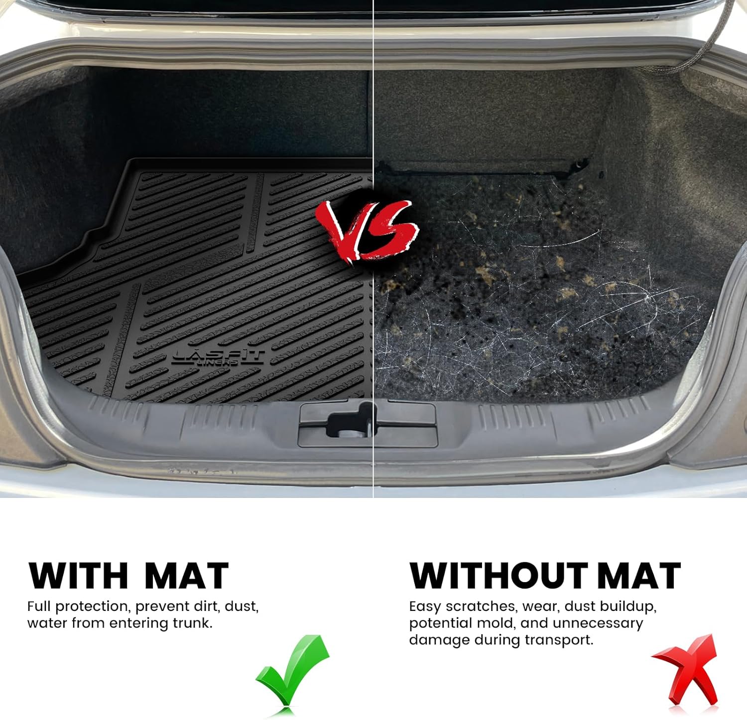 LASFIT Cargo Mat for Ford Mustang 2015-2023 (with or Without Subwoofer) Trunk Liner, Custom Fit All Weather Protector TPE One-Piece Design Easy Installation Trunk Mat, 1pc Black